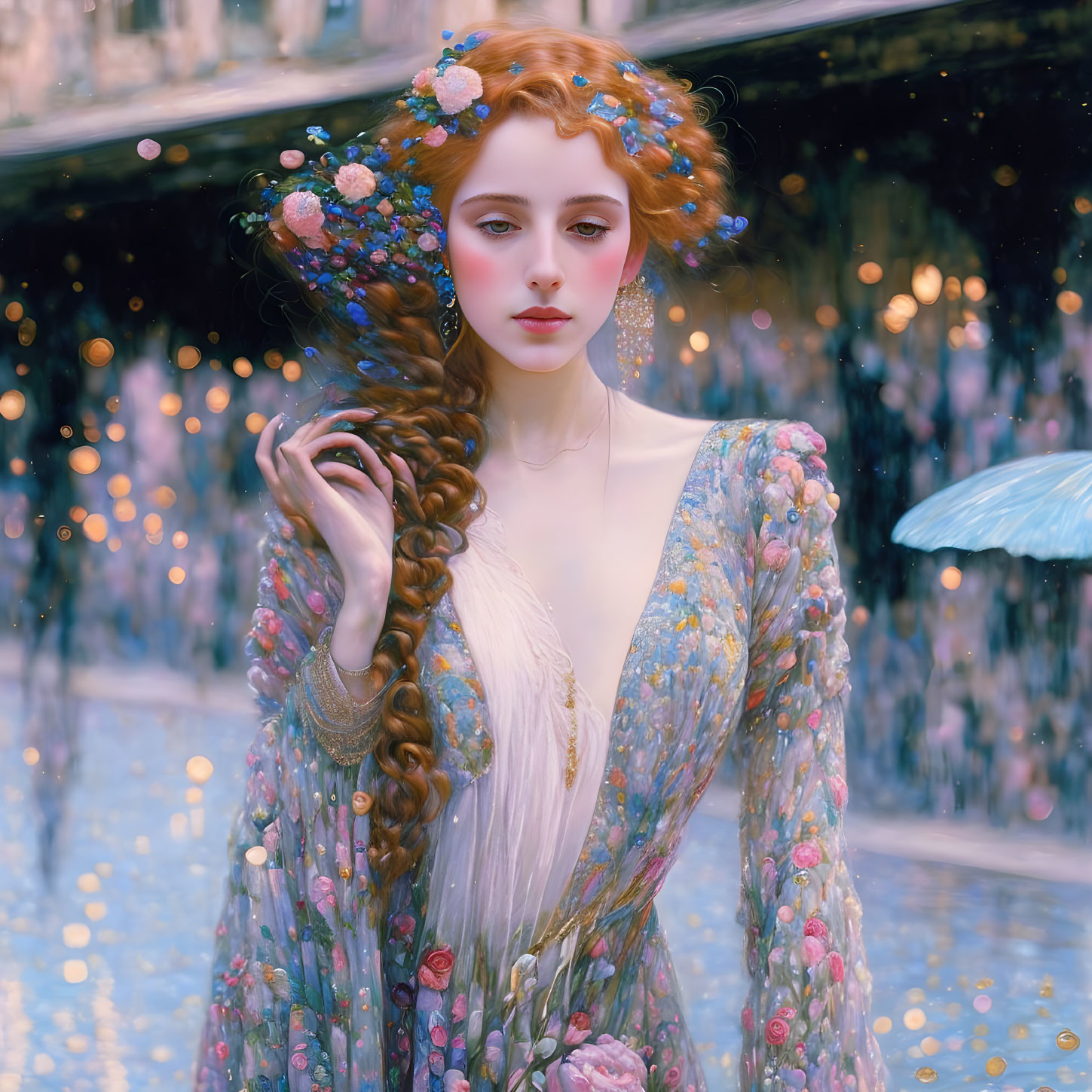 Digital artwork: Woman with red hair, floral dress, blue umbrella, surrounded by floating lights