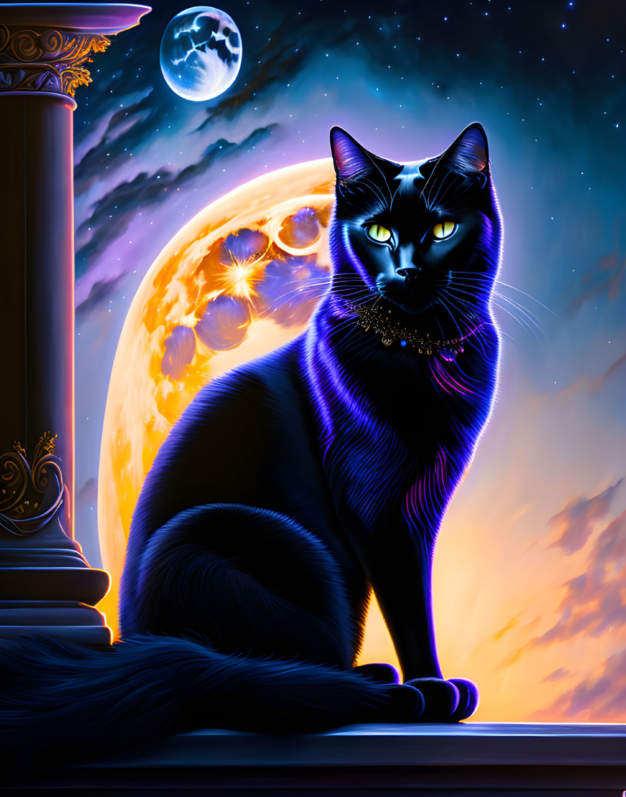 Blue cat with glowing eyes on balustrade under full moon and starry sky