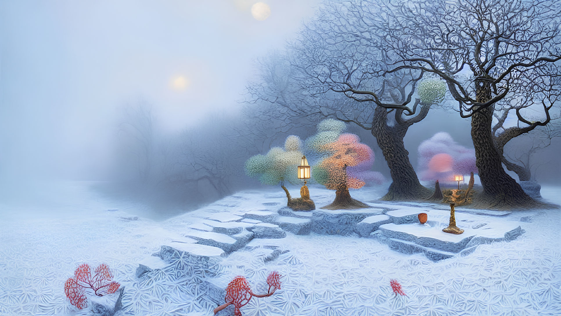 Colorful Winter Scene with Fluffy Trees, Snowy Path, Lanterns, and Cat