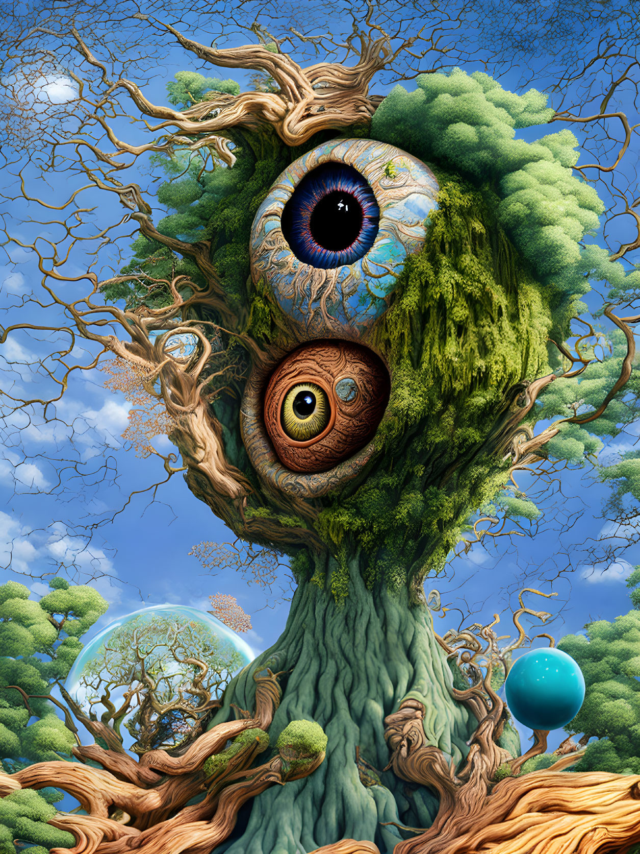 Surreal artwork: tree face with eyes, branch hair, in forest