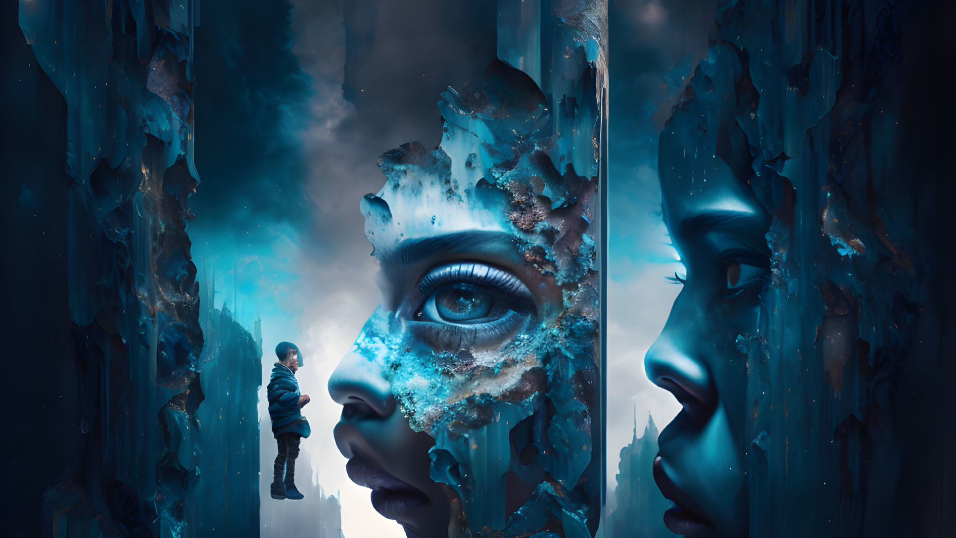 Surreal artwork: Child on cliff, fragmented faces, blue backdrop