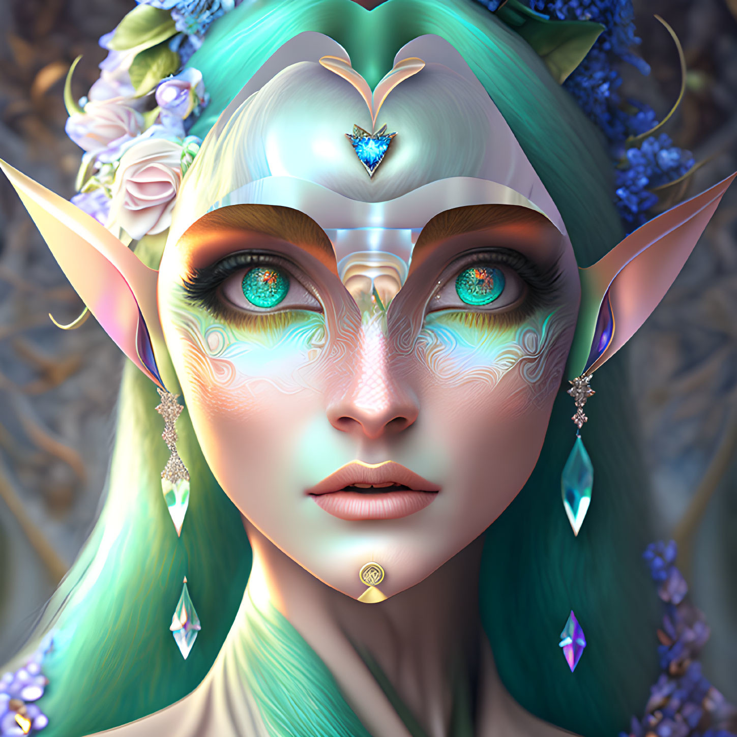 Ethereal elf digital artwork with turquoise eyes and floral headpieces