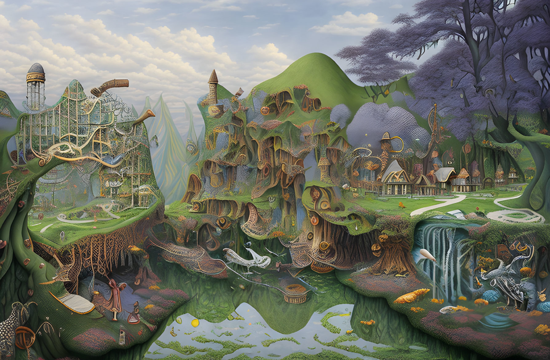 Whimsical fantasy landscape with treehouses, bridges, waterfalls, and serene nature.