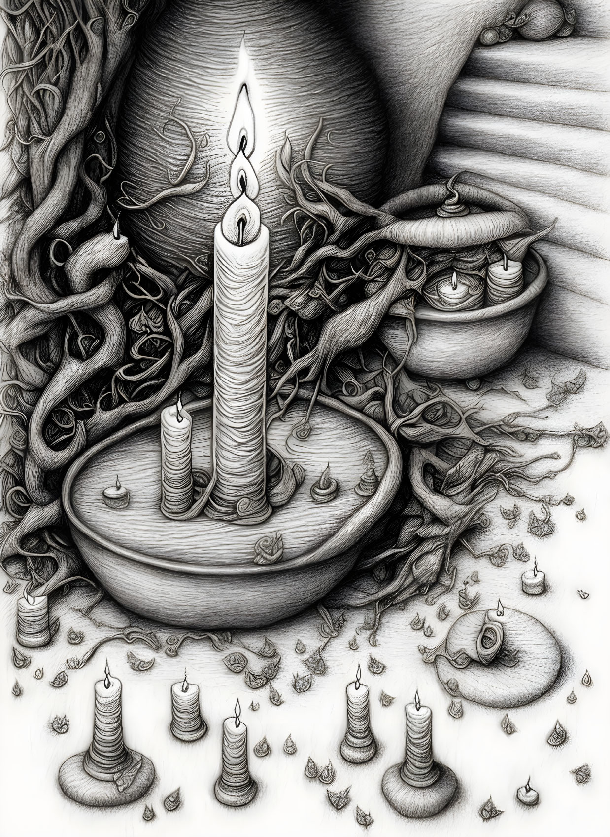 Monochrome drawing of lit and unlit candles in mystical, tree-root-like arrangement