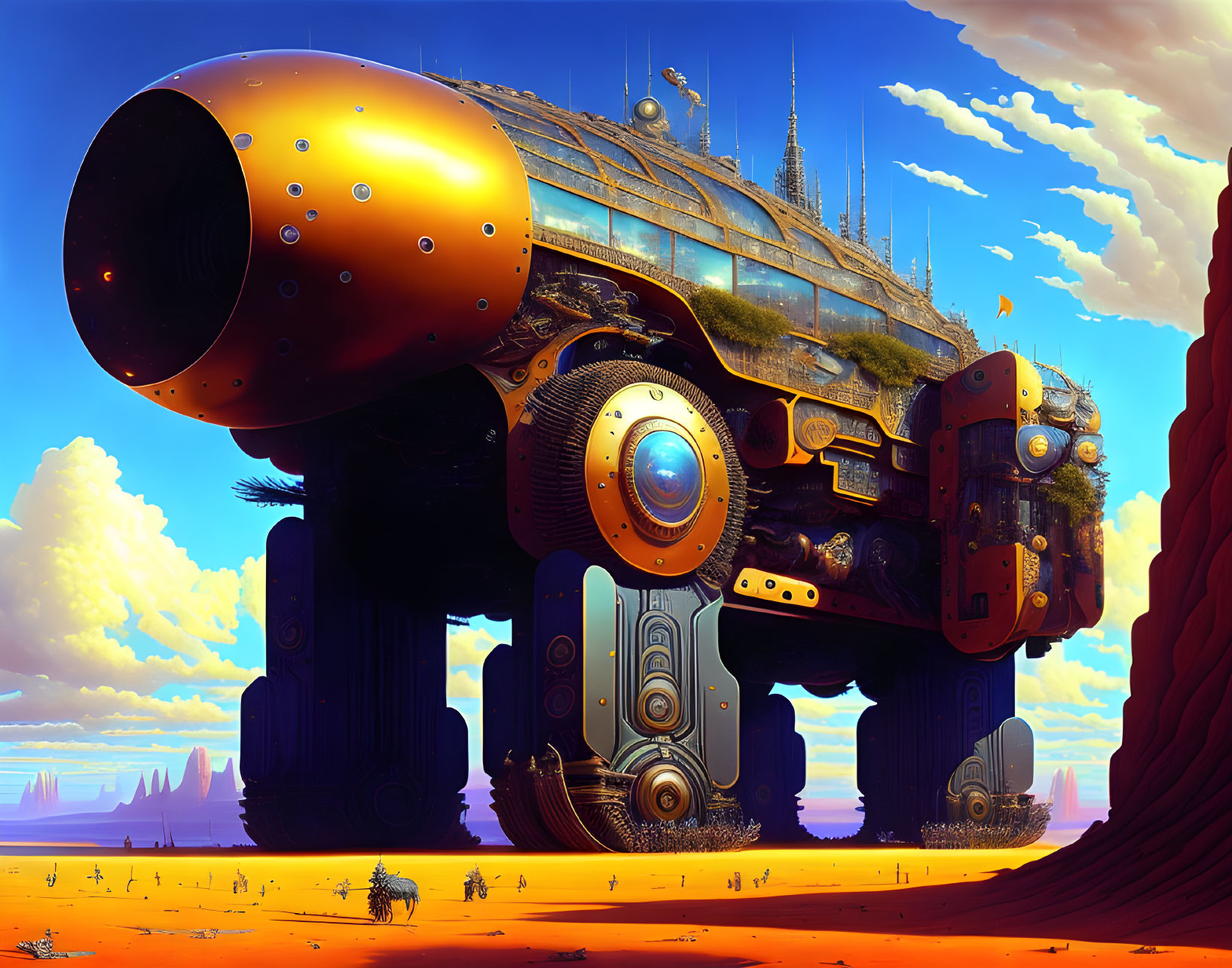 Giant futuristic vehicle with spherical joints in desert landscape