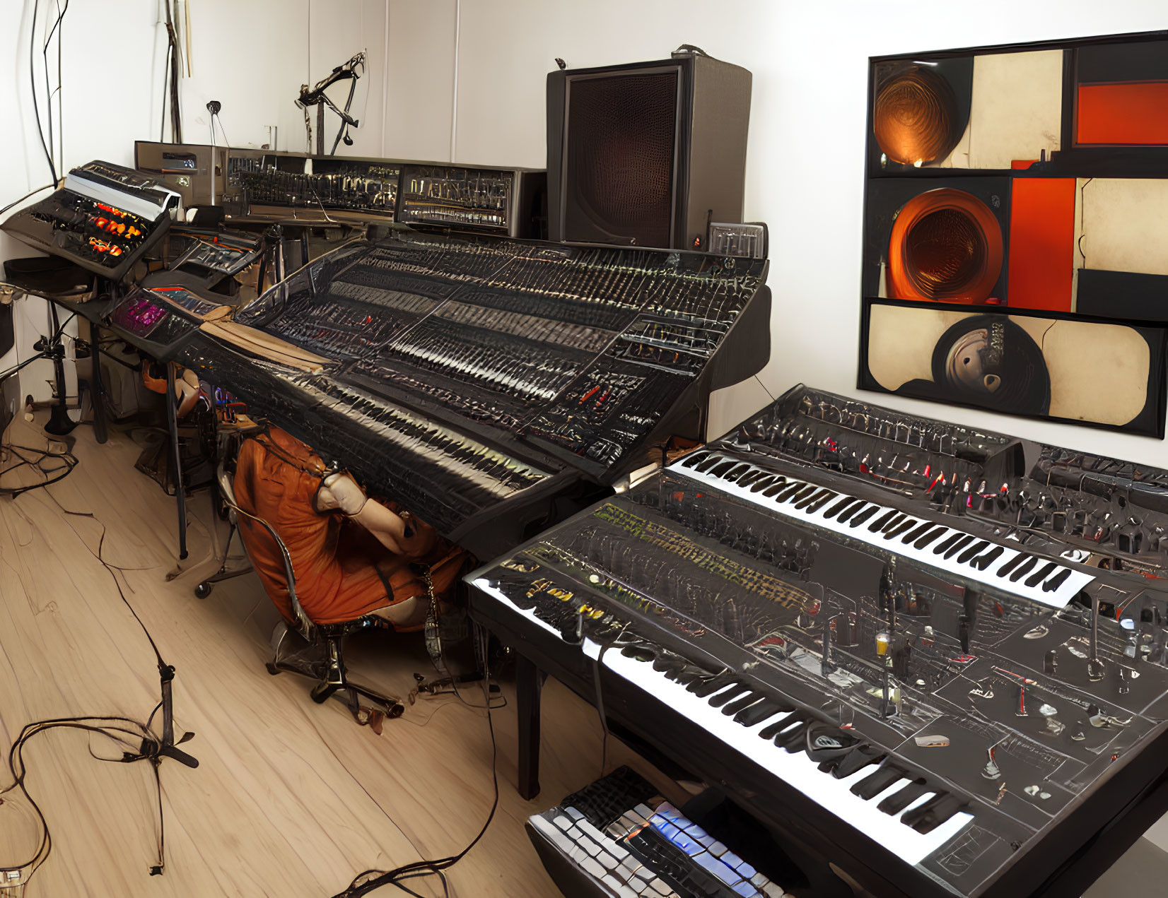 Person adjusting equipment in music studio with synthesizers, keyboards, speakers, and sound panels.