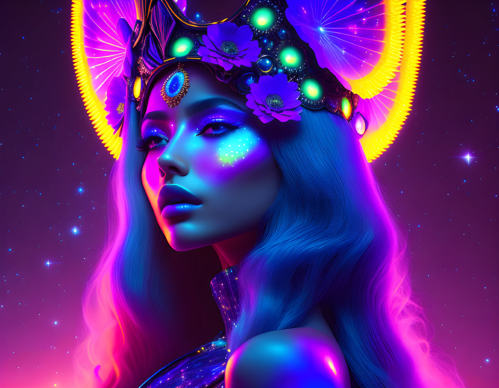 Colorful digital artwork of woman with blue skin and neon-lit headdress on cosmic purple backdrop