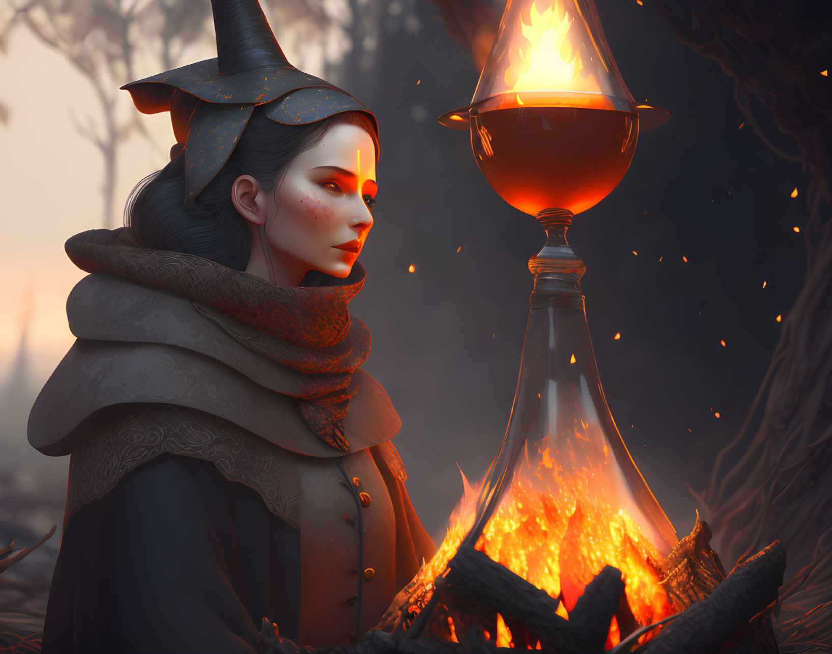 Pale-skinned character in witch hat by glowing fire lamp in eerie forest