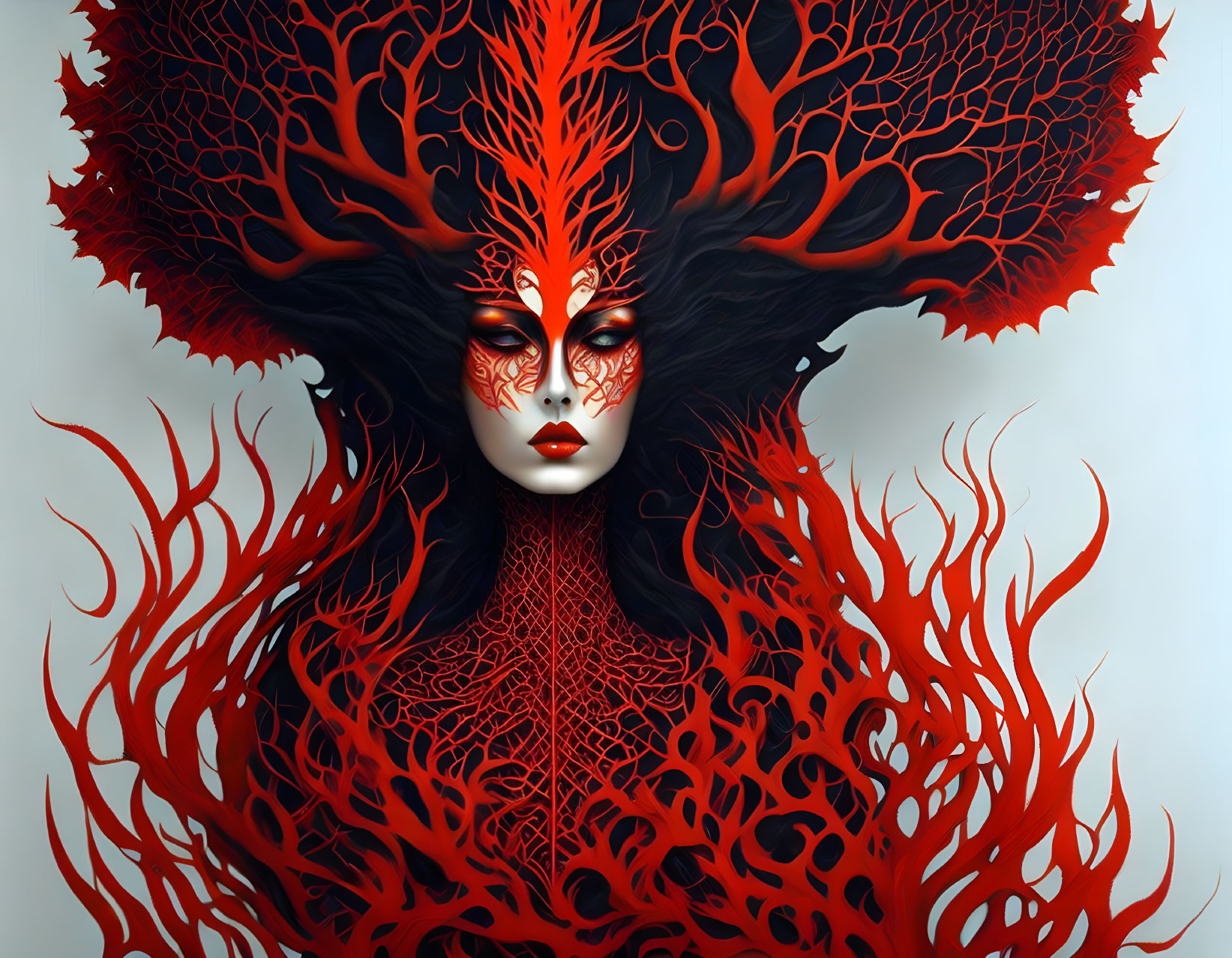 Illustrated woman with red and black tree hair and intricate body patterns