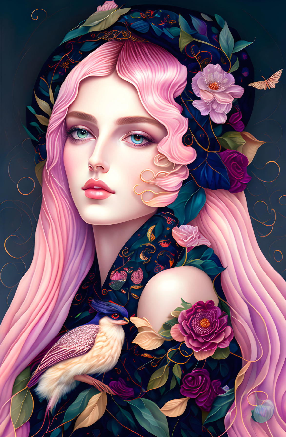 Woman with Pink Hair and Blue Eyes Among Flowers and Bird on Dark Background with Golden Motifs