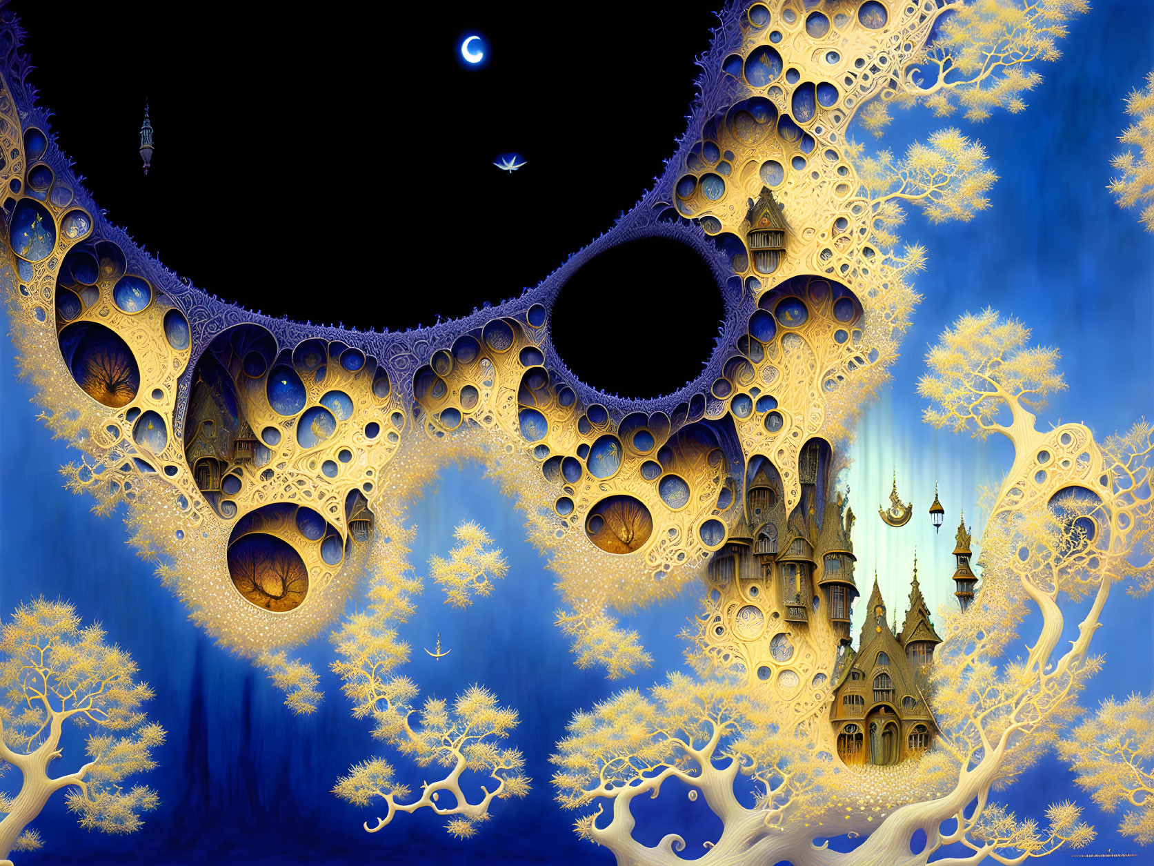 Surreal Fractal Landscape: Golden Trees, Castle, Starry Sky