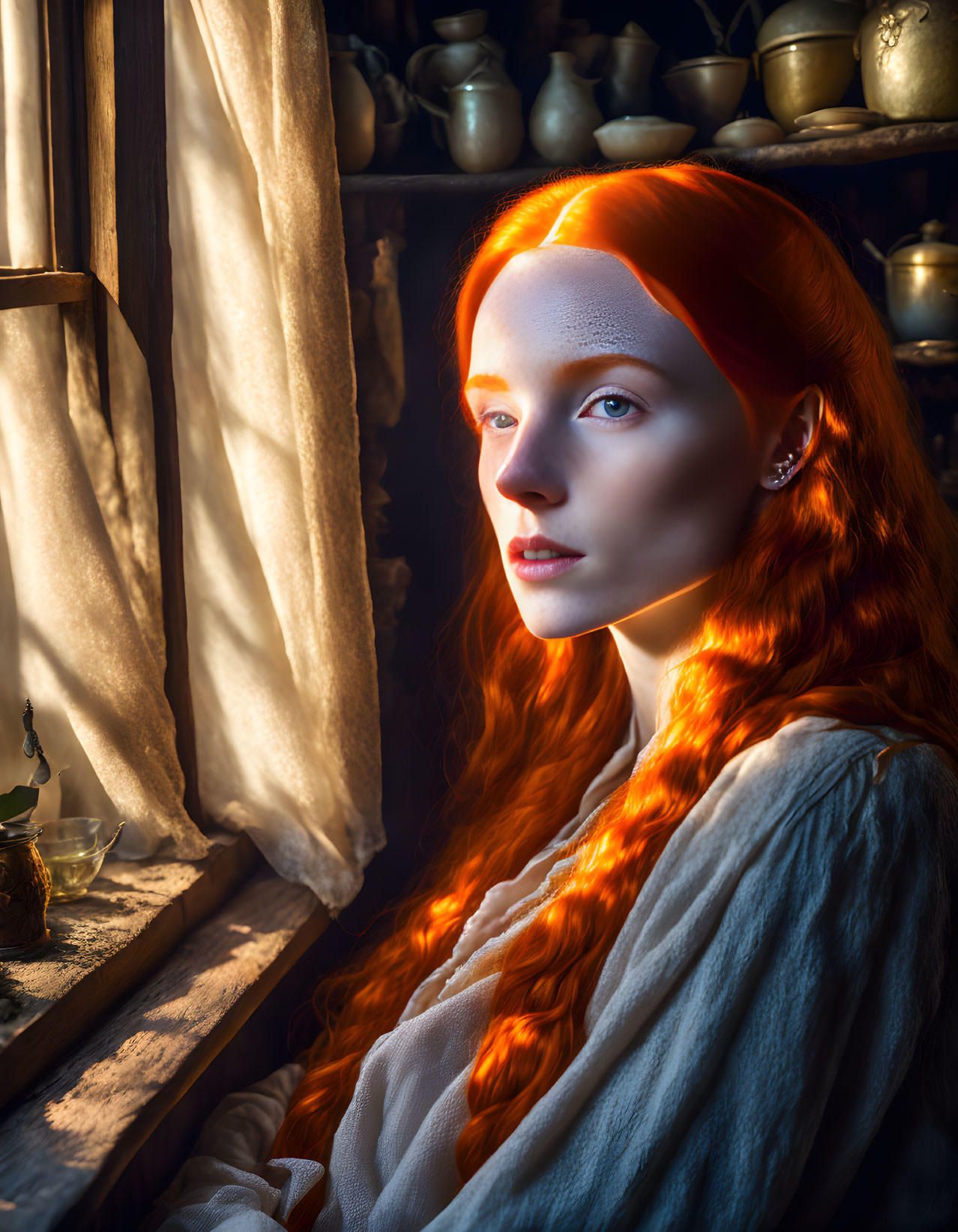 Red-haired woman gazes out window with rustic pottery backdrop