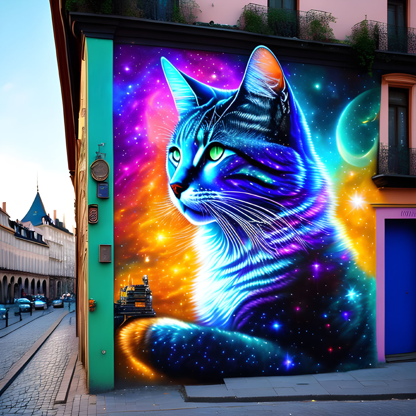 Colorful cosmic cat mural on urban building façade