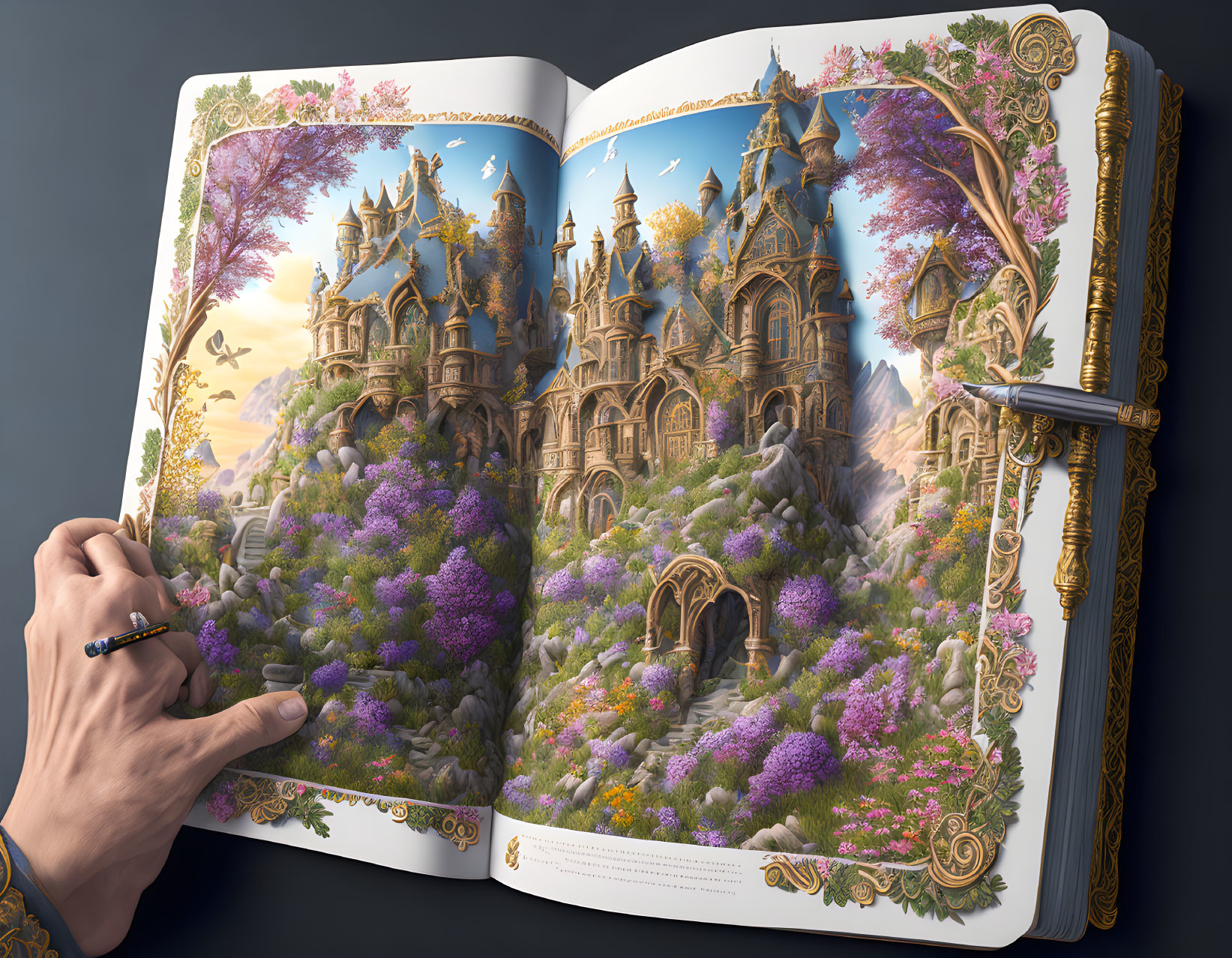 Fantasy castle illustration in open book with hand holding pen