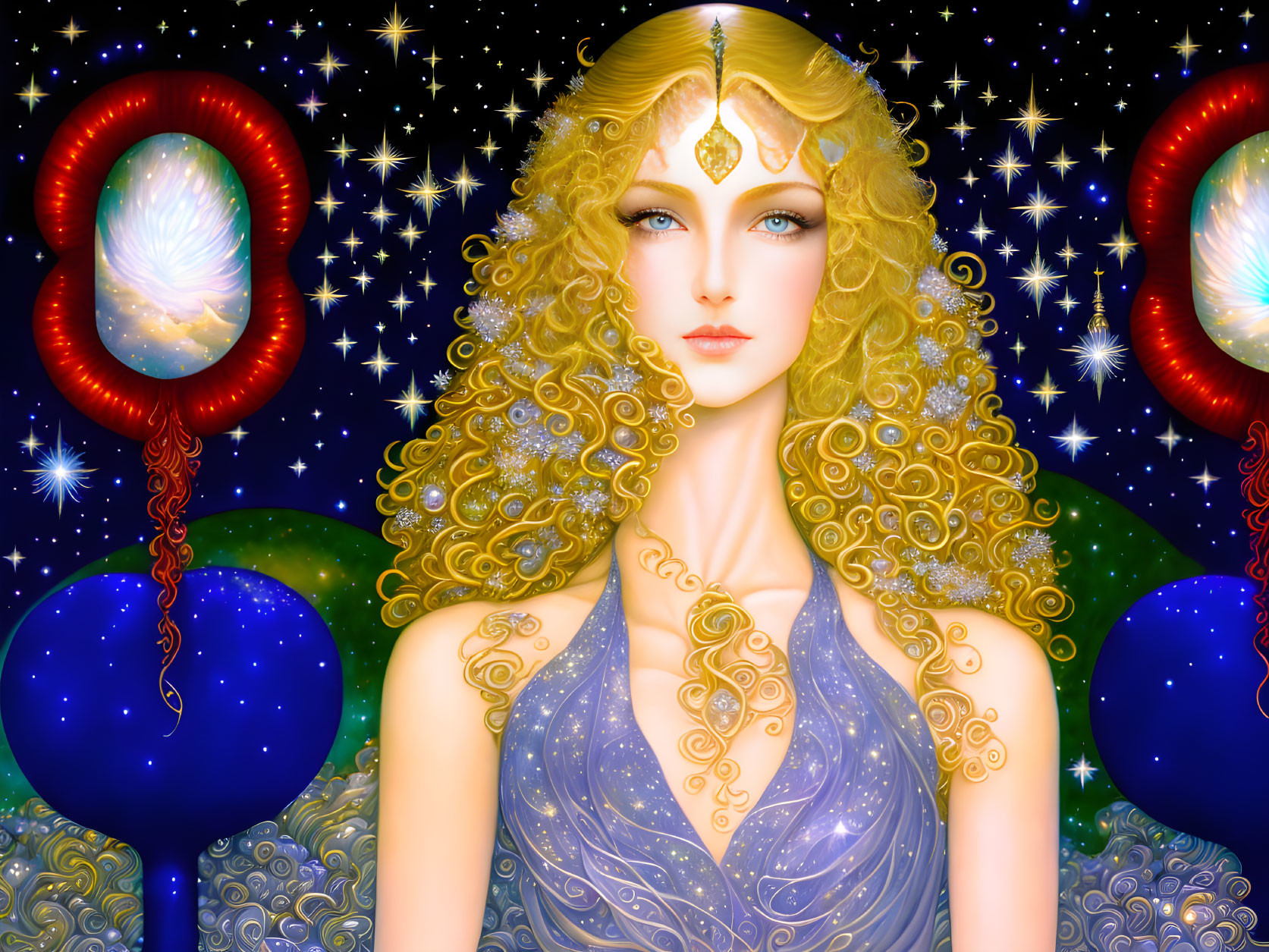 Golden-haired woman with blue eyes in starry setting with galaxy balloons