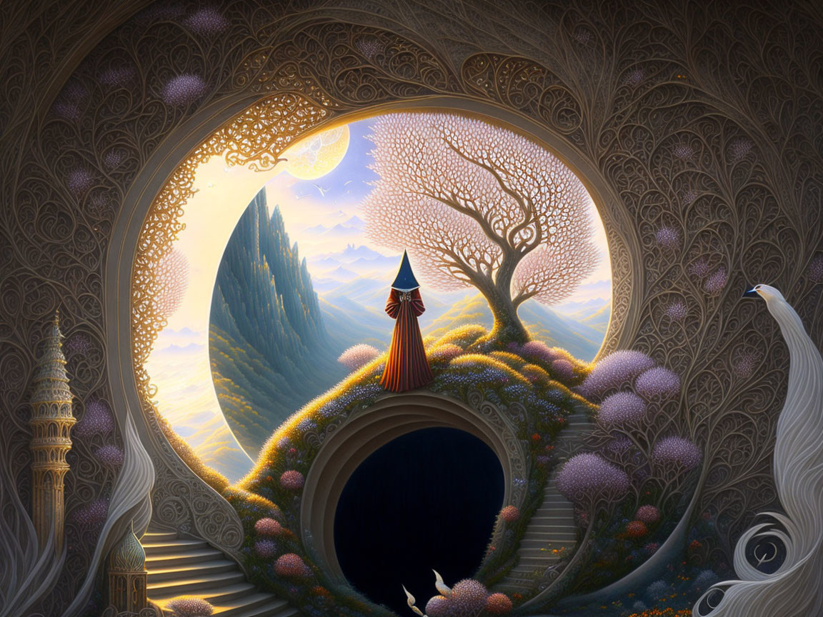 Mystical landscape with ornate arches, lone figure, fantastical tree, peacock,