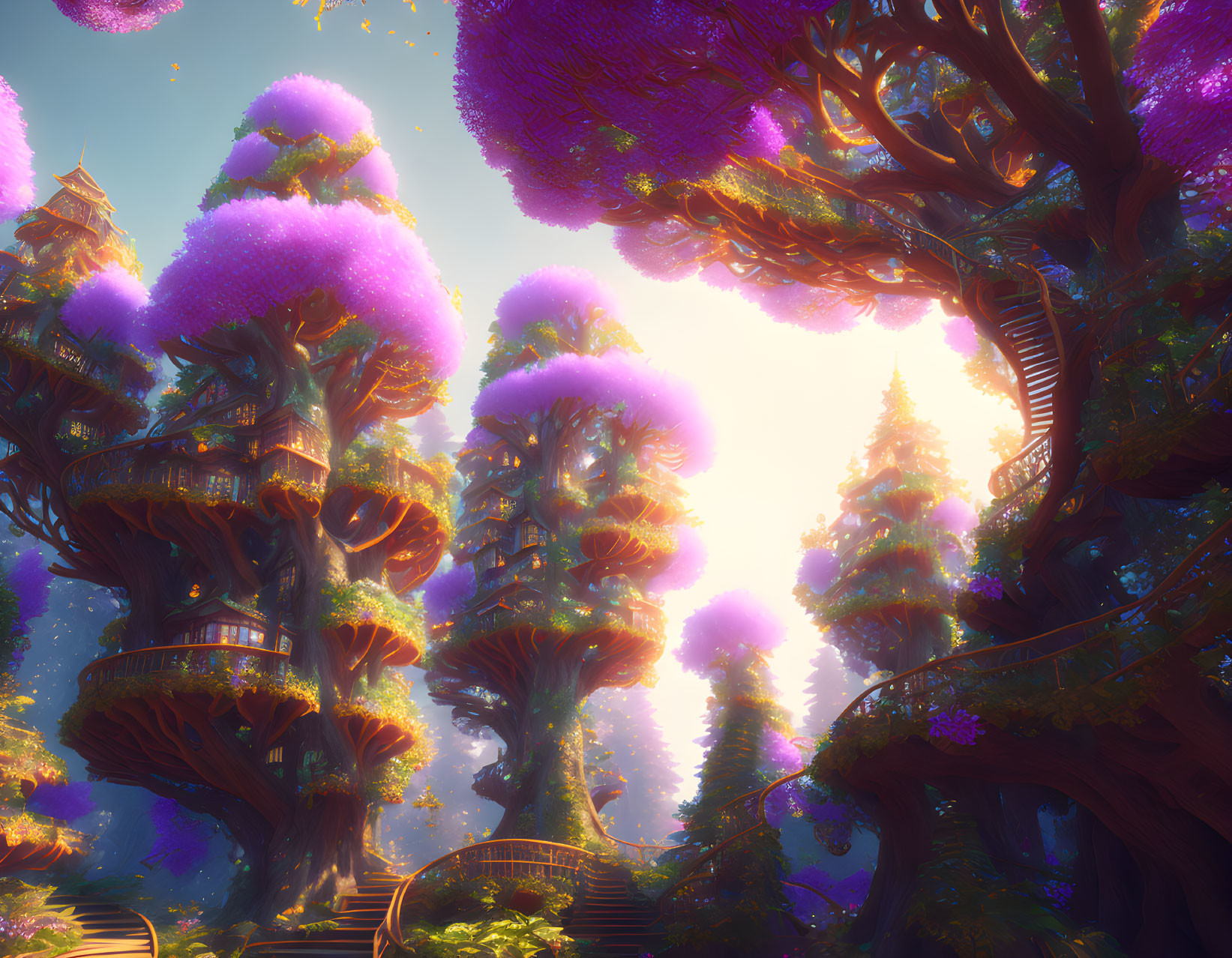 Vibrant forest with fluffy purple treetops and mystical towers