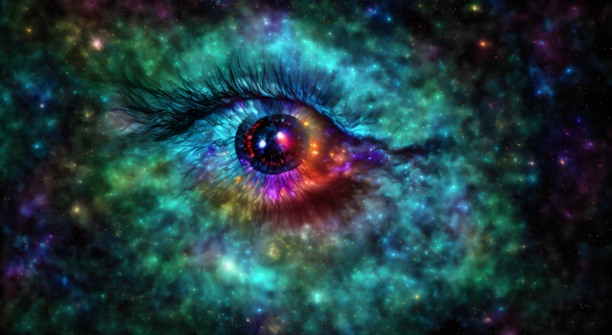 Close-up Human Eye with Galaxy-Themed Filter and Cosmic Nebulas