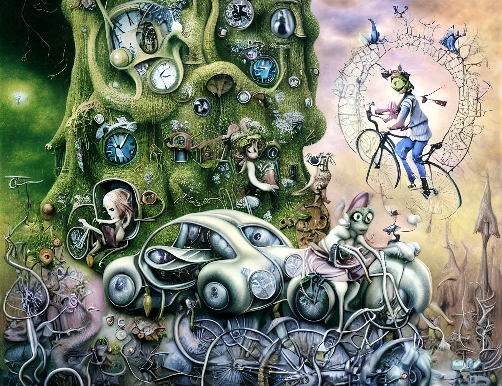 Fantasy scene with anthropomorphic animals, girl with clocks, creatures on bikes and car