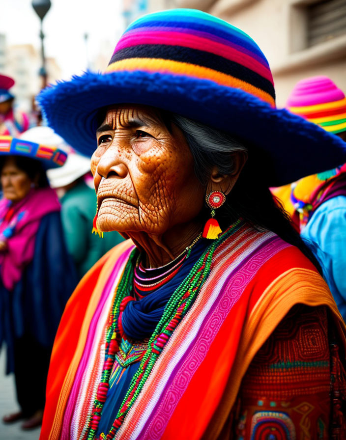 Elderly woman in vibrant traditional outfit with wide-brimmed hat and jewelry.