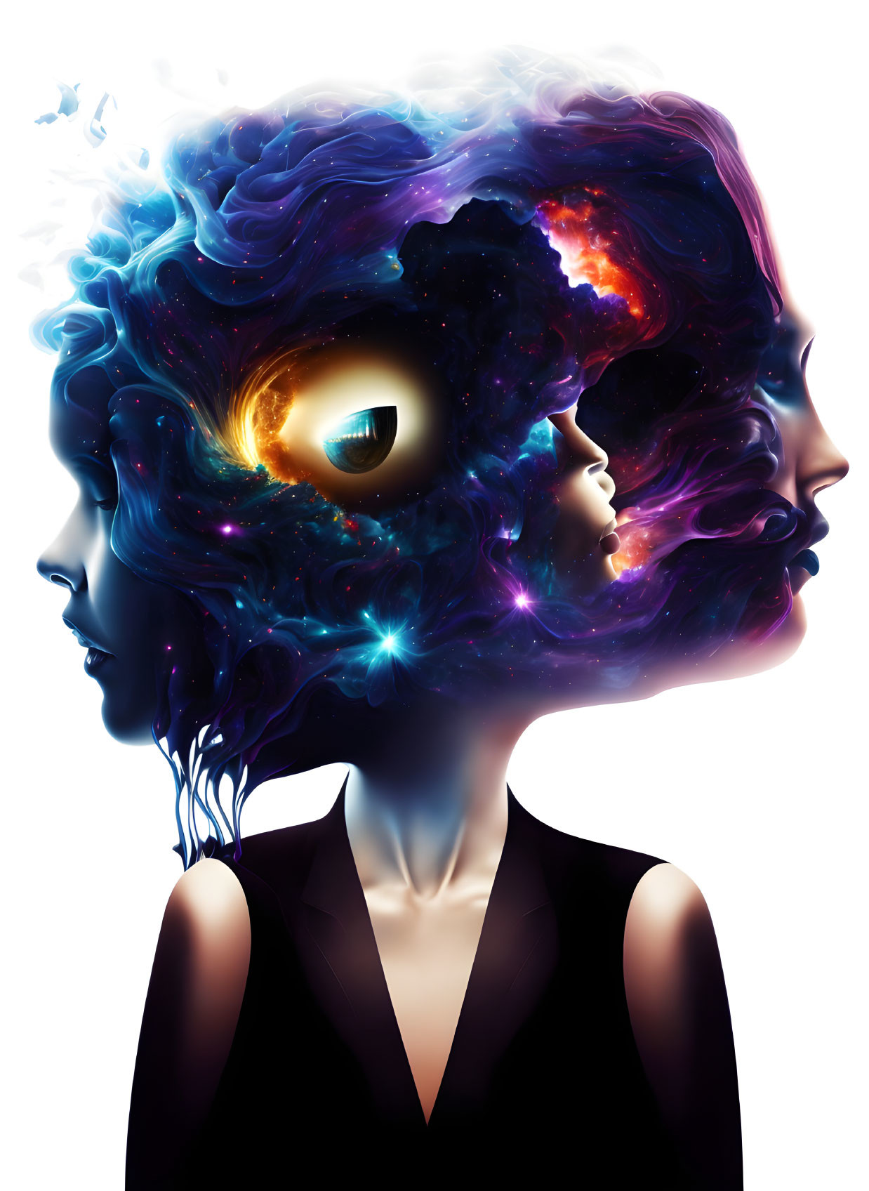 Artistic Abstract Woman Silhouette with Cosmic Mind Galaxies, Stars, Nebulae