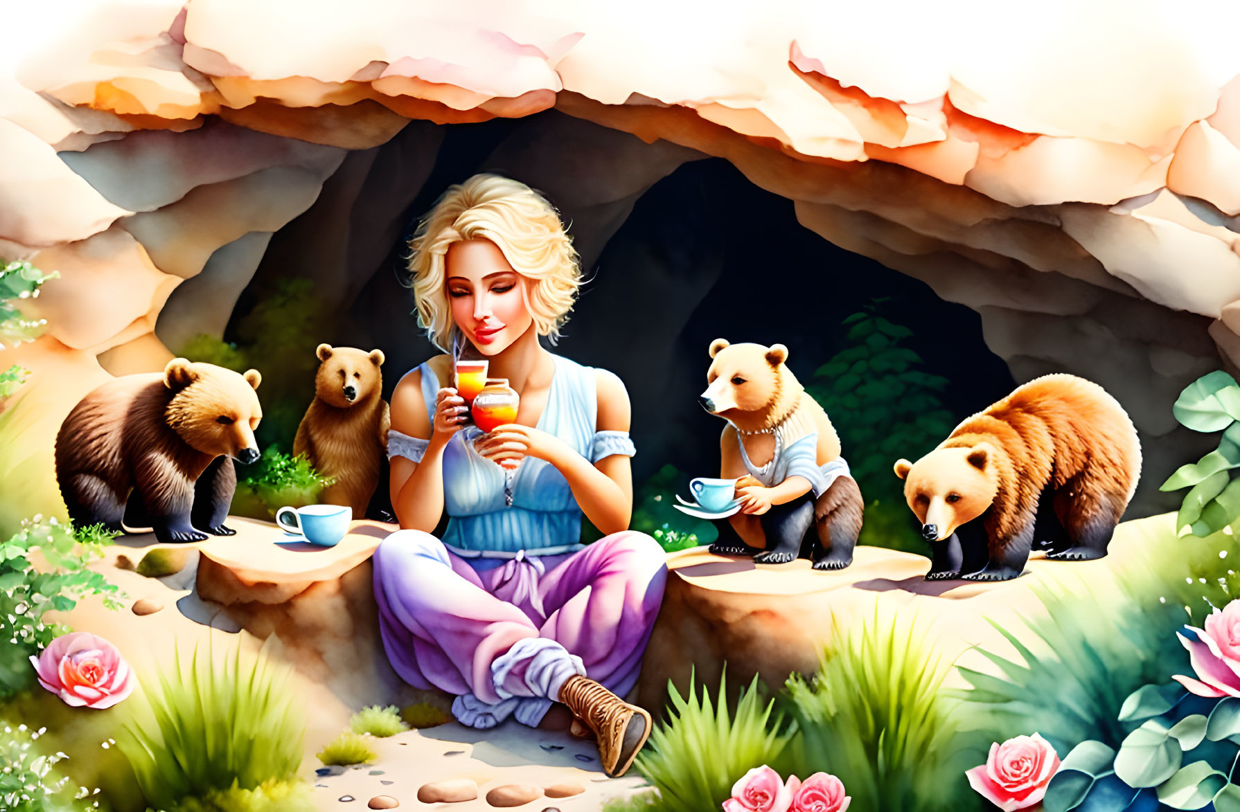 Woman in blue having a tea party with bears at cave entrance surrounded by flowers