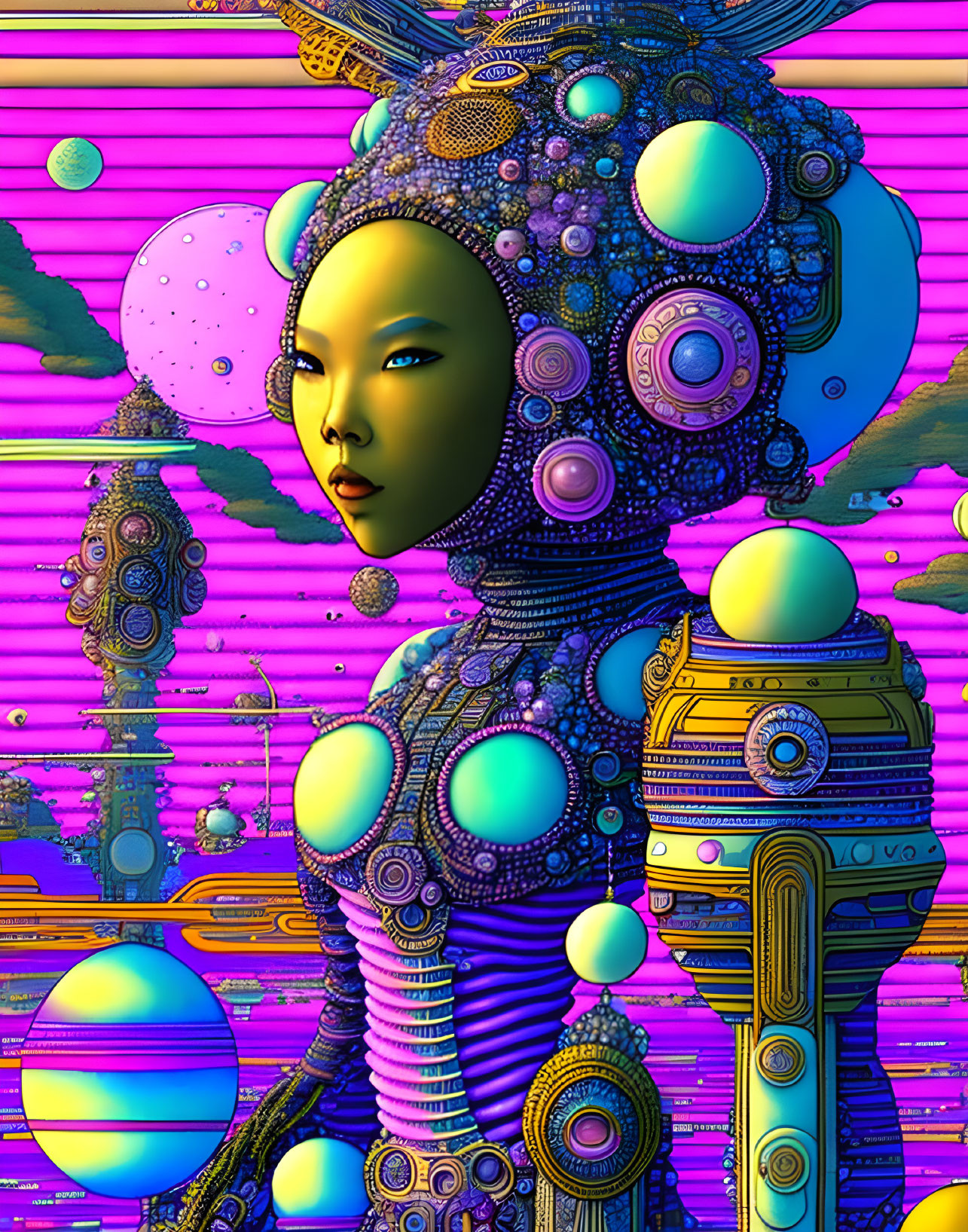 Futuristic ornate female figure with intricate patterns on vibrant striped background