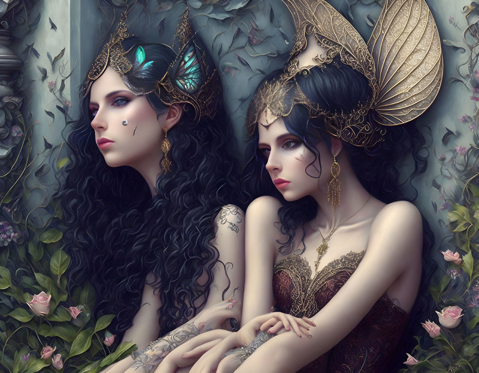 Fantasy women with gold headdresses and butterfly adornments among roses