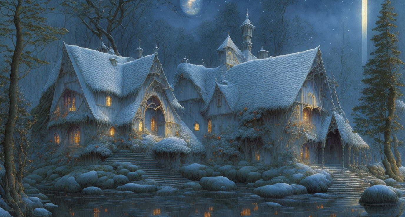 Snow-covered fairy-tale cottage in serene winter night forest