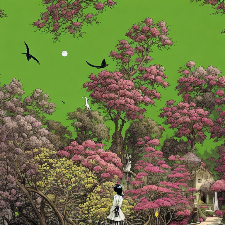 Colorful woman in garden with pink trees and moon in green sky