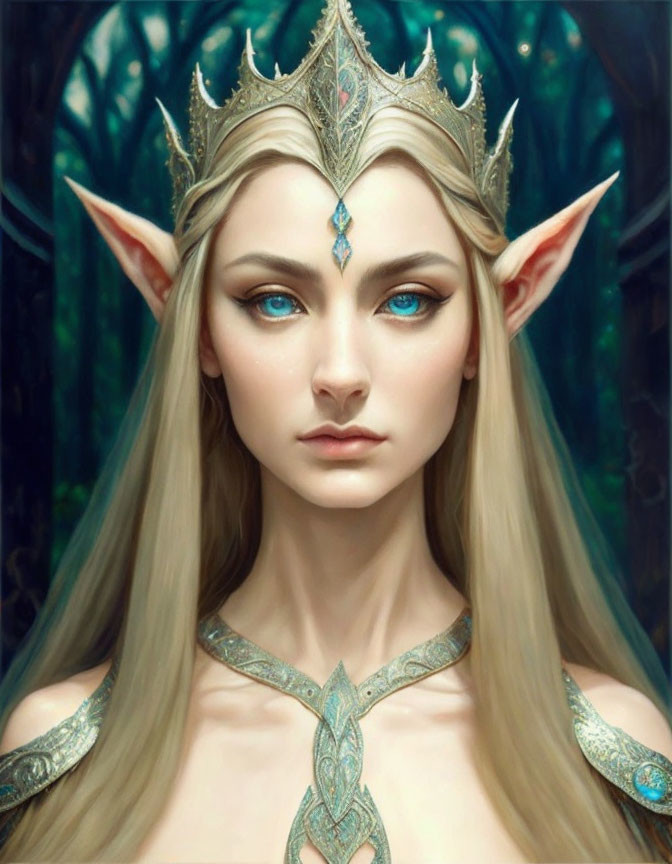 Regal elven queen with blue eyes, blonde hair, pointed ears, and silver crown.