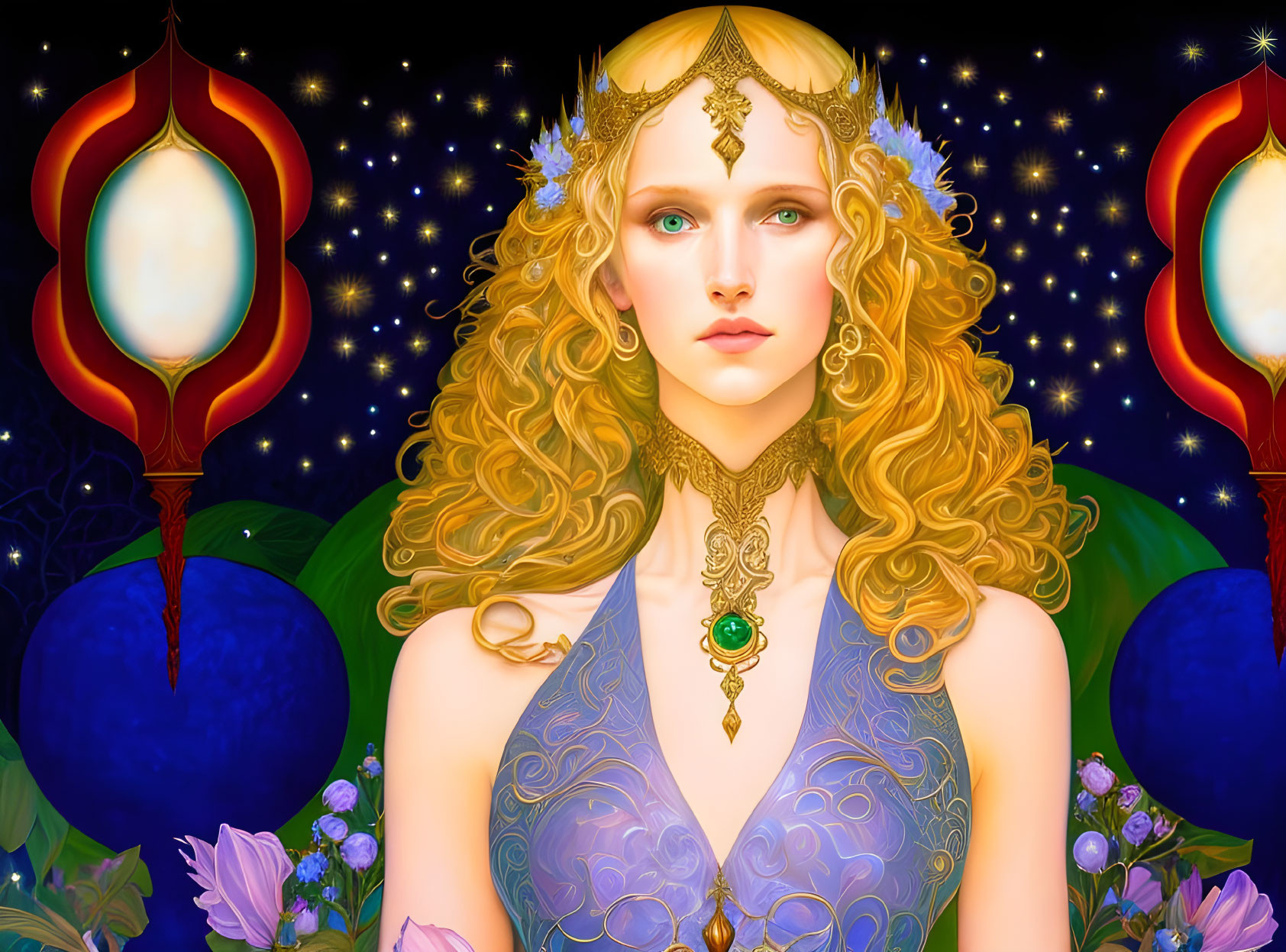 Fantasy illustration of woman with golden hair in blue dress and starry ornaments