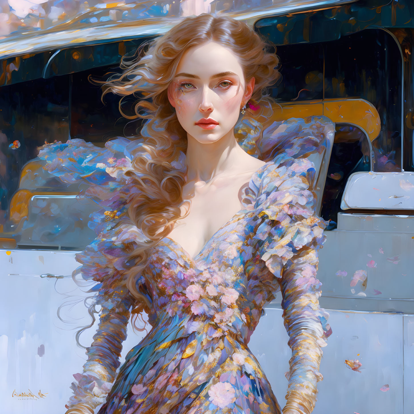 Woman in Floral Dress by Vintage Car: Flowing Hair & Dreamy Atmosphere