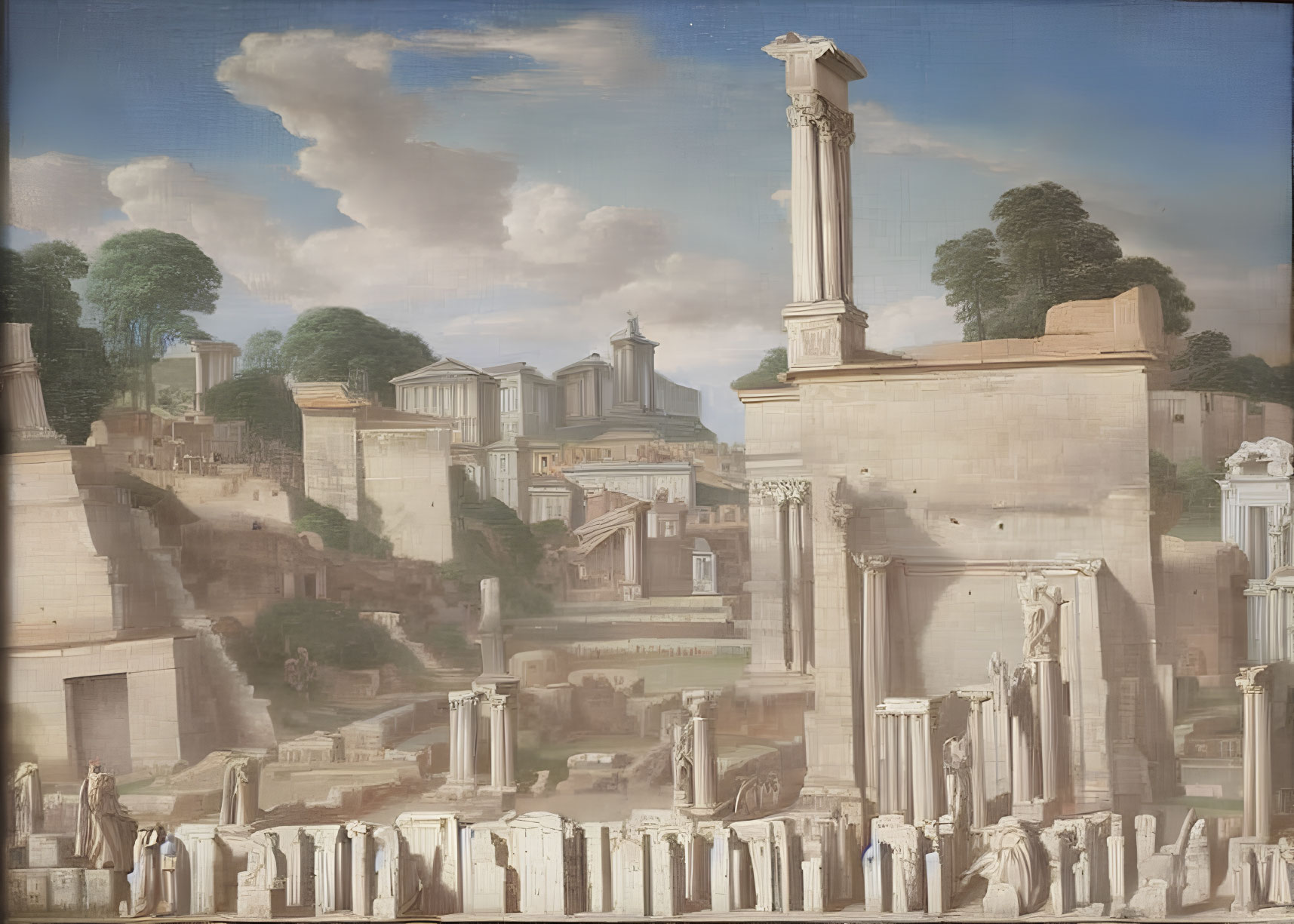 Classical painting of ancient Roman ruins with columns, arches, and statues