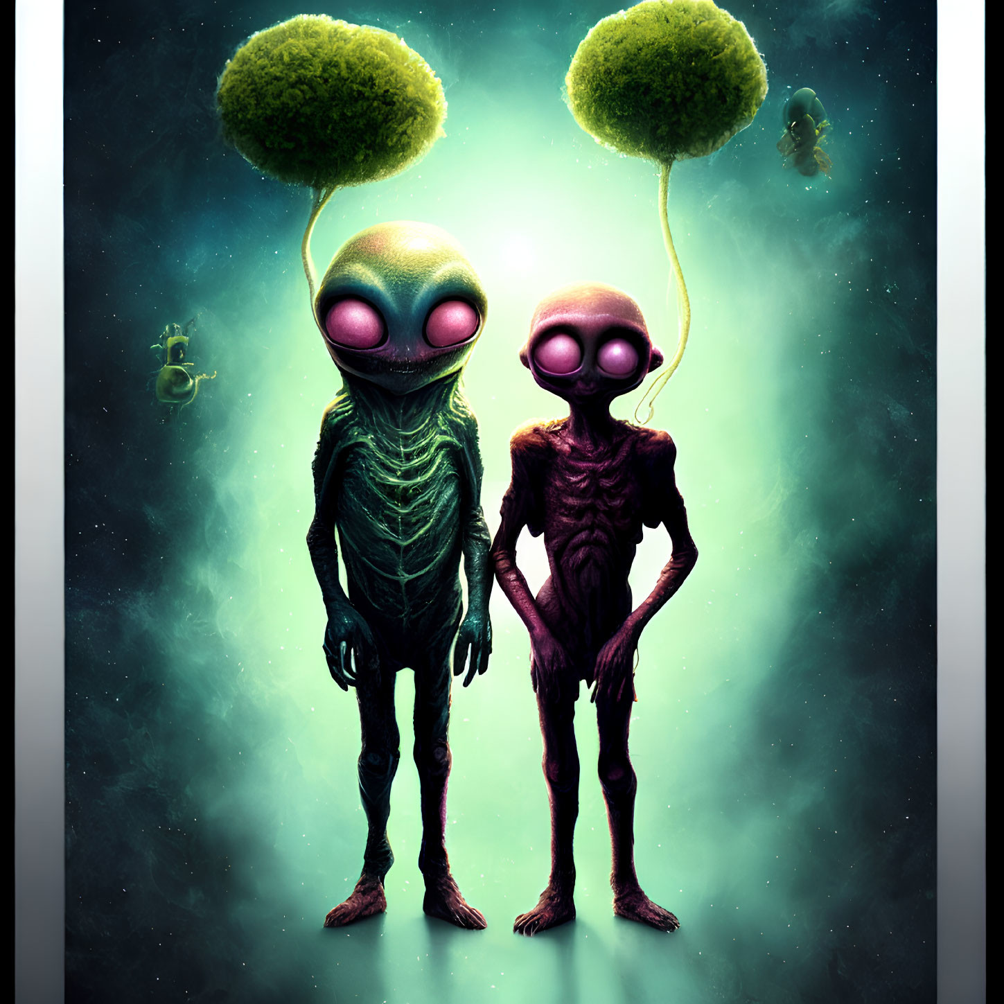 Stylized aliens with elongated heads and tree-like growths in cosmic setting