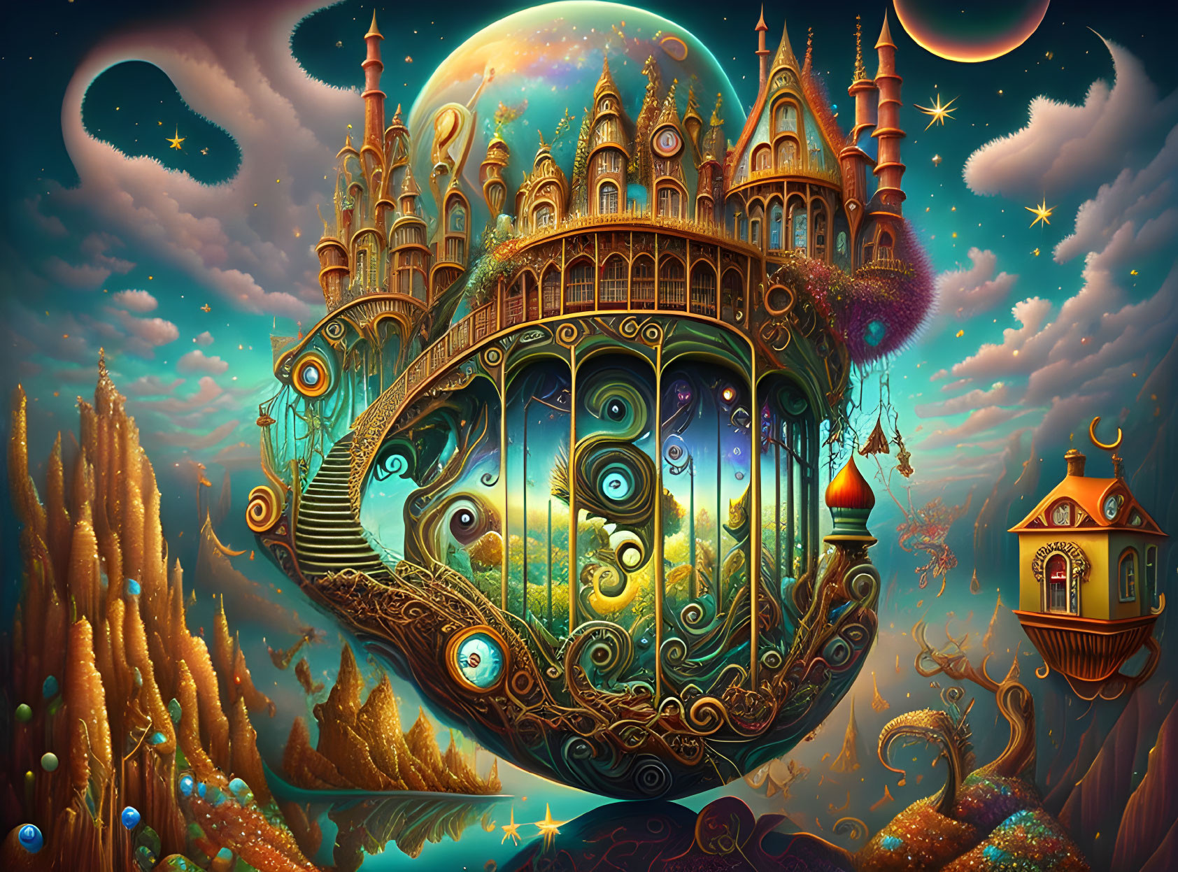 Whimsical floating palace with intricate designs in celestial fantasy artwork