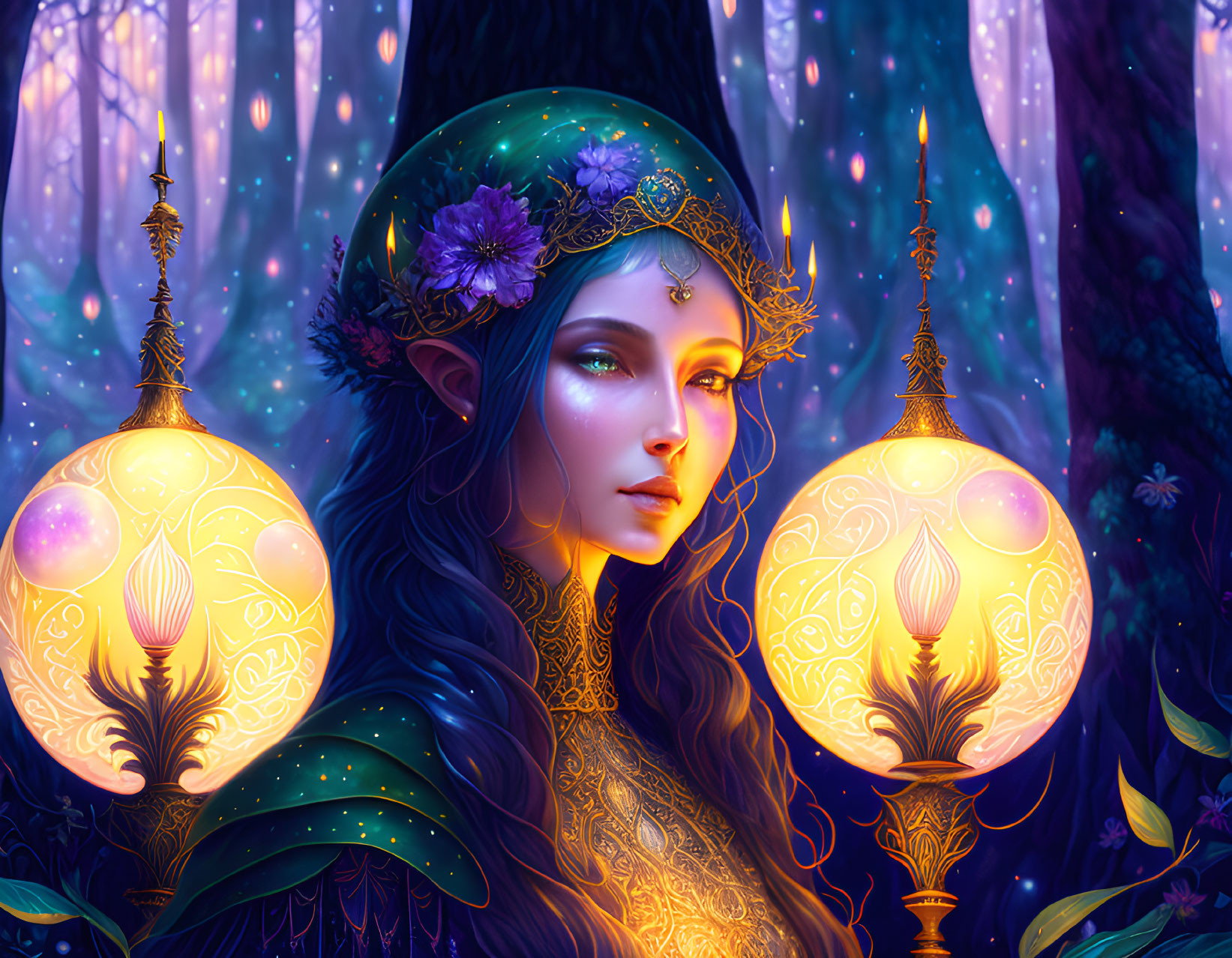 Ethereal woman in gold-trimmed attire in enchanted forest