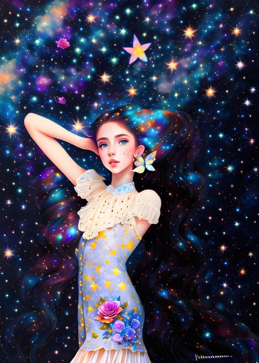 Woman with dark hair in pastel dress under starry sky with butterfly.