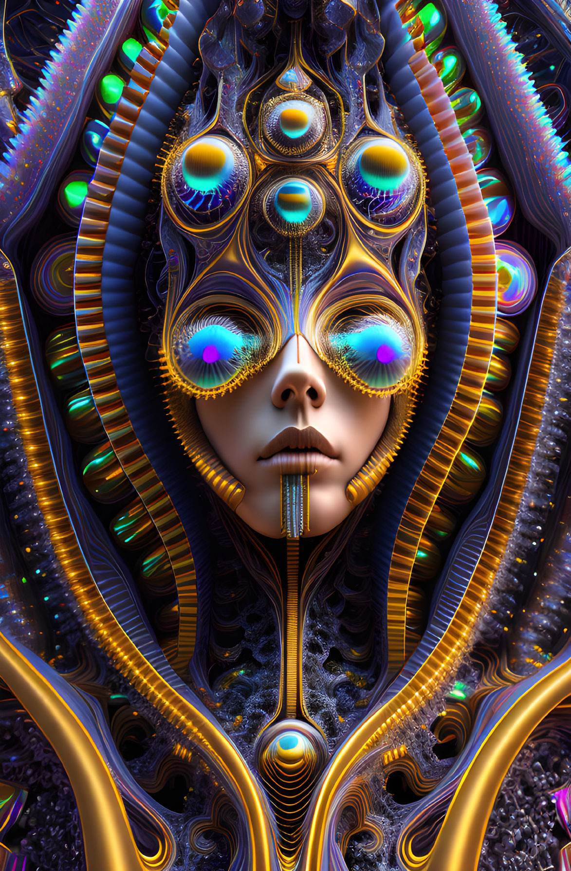 Symmetrical face in vibrant fractal art