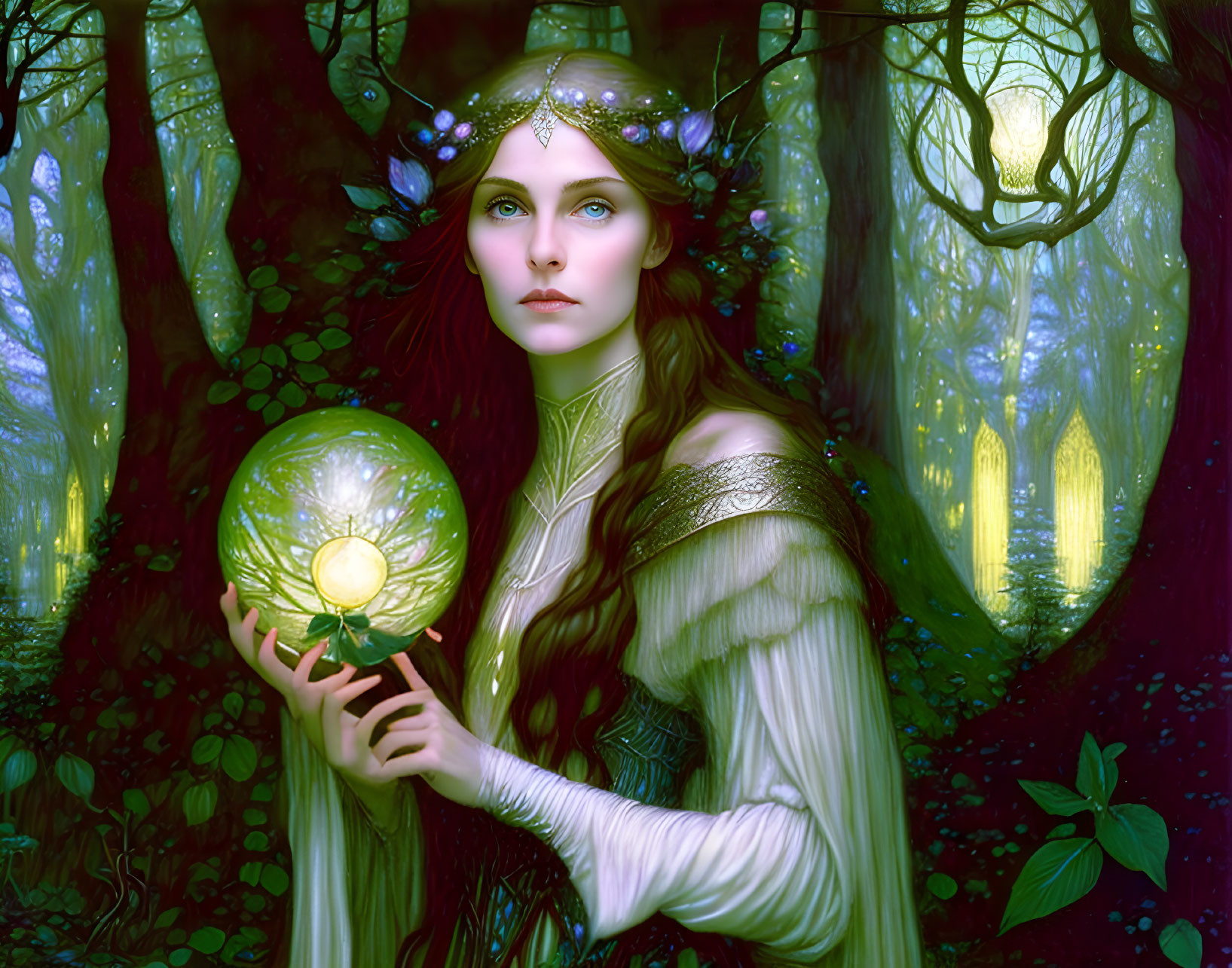 Mystical female figure with glowing orb in enchanted forest setting