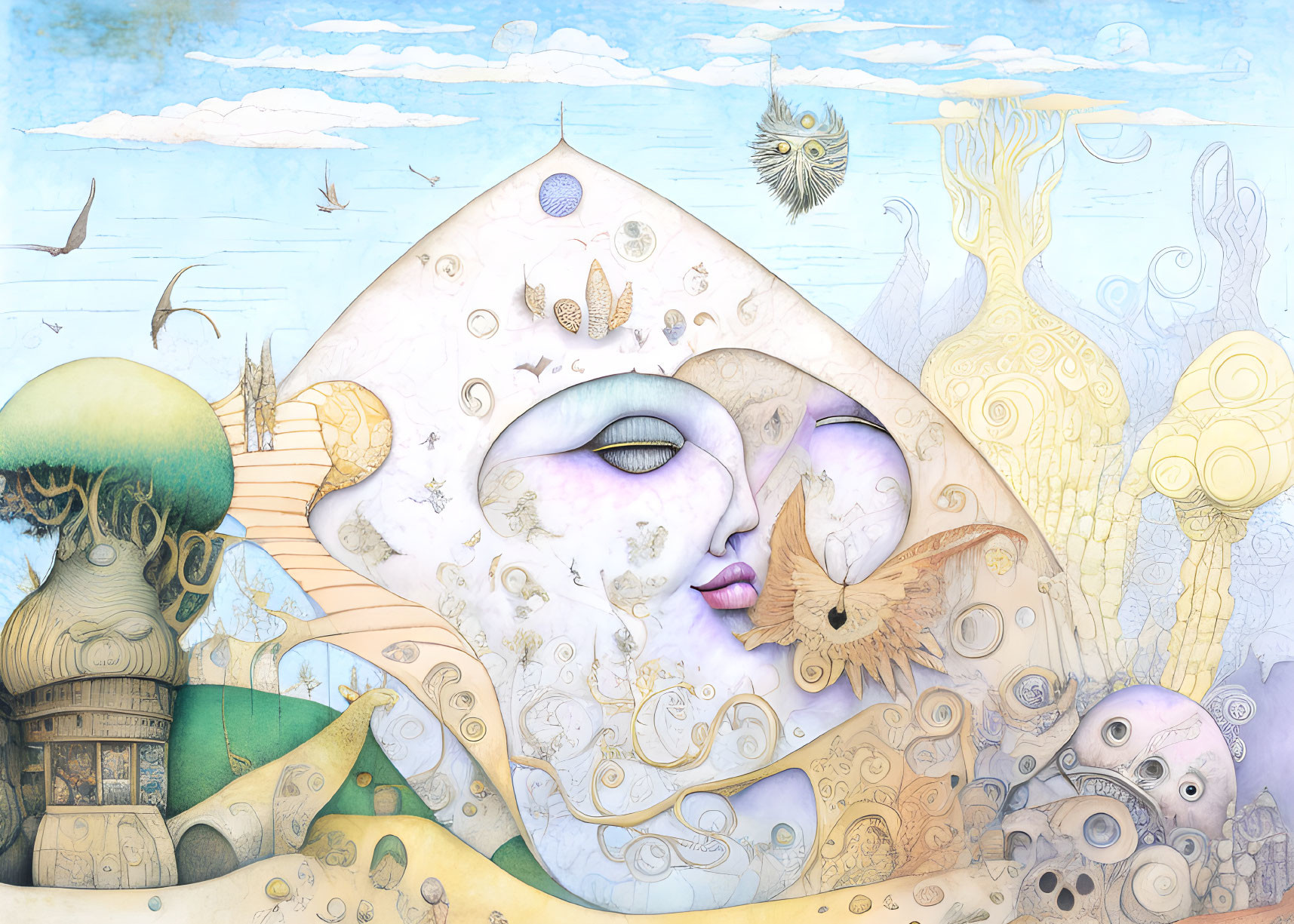 Surreal illustration: Faces merging in dreamy landscape