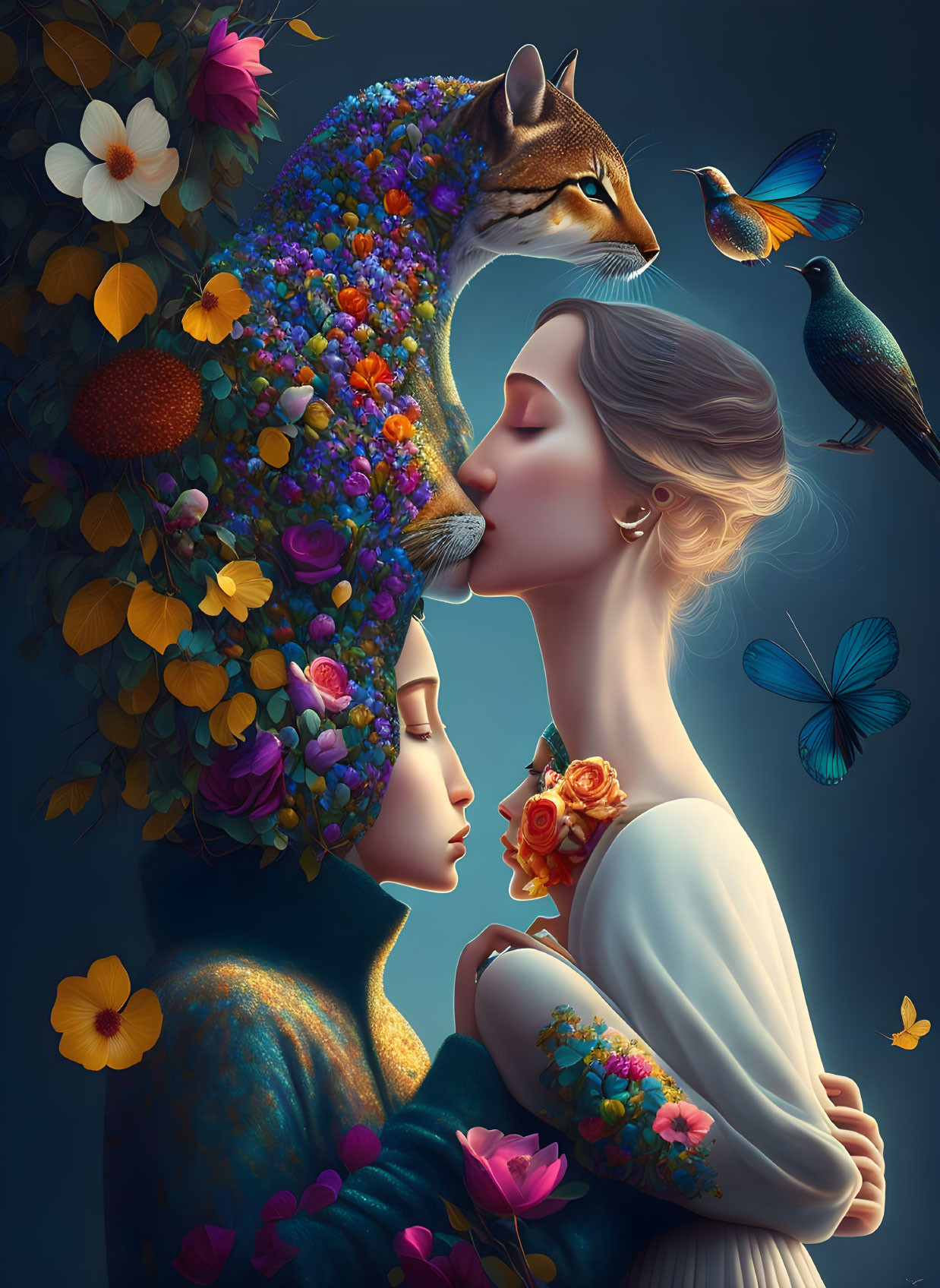 Surreal artwork of figures embracing with floral head against dark background