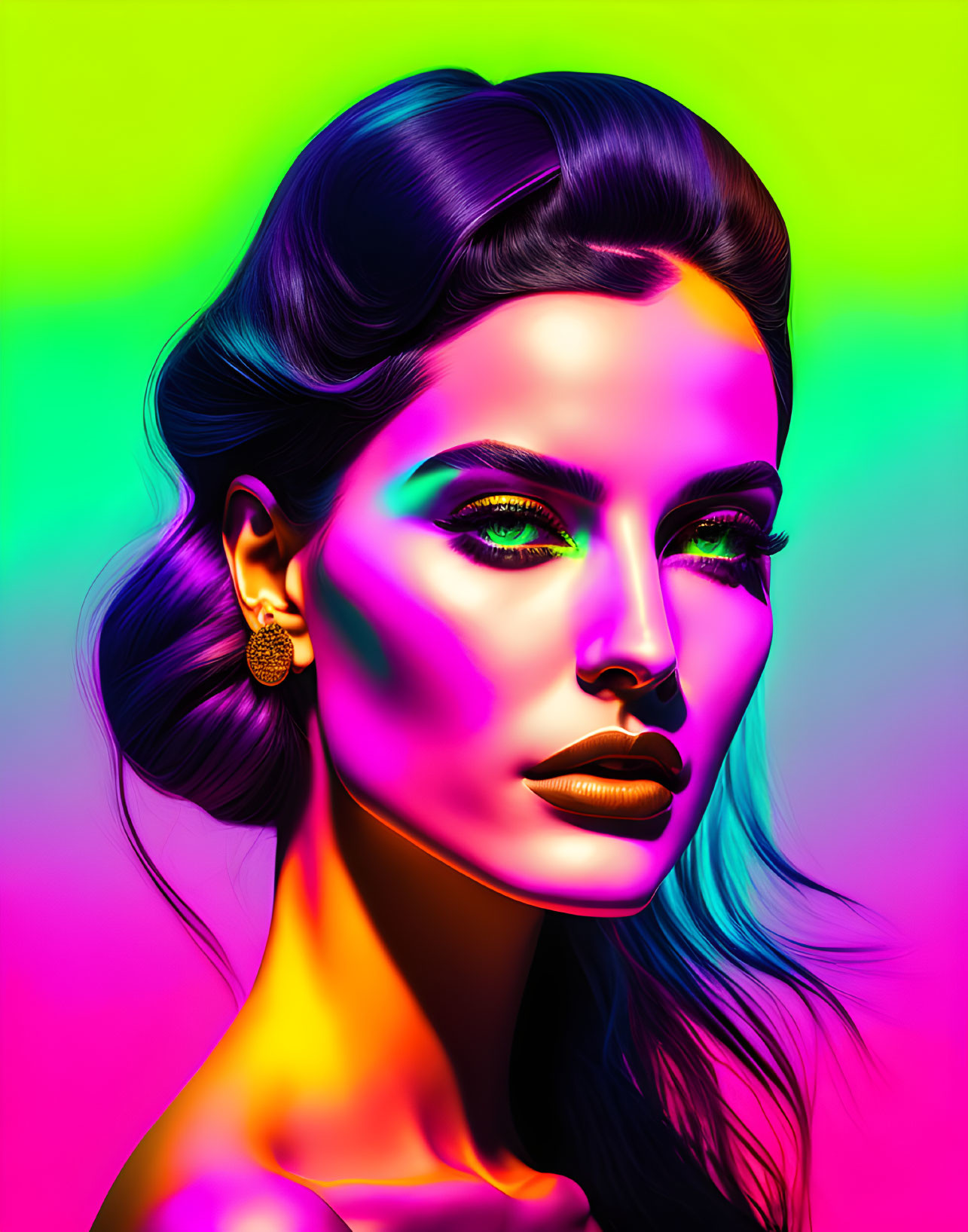 Colorful Neon Gradient Background in Digital Portrait of Woman