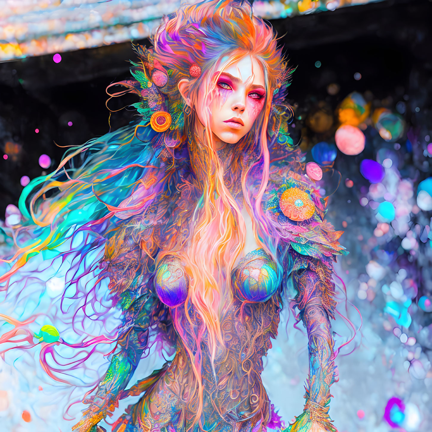 Fantasy creature with luminous skin and floral hair details