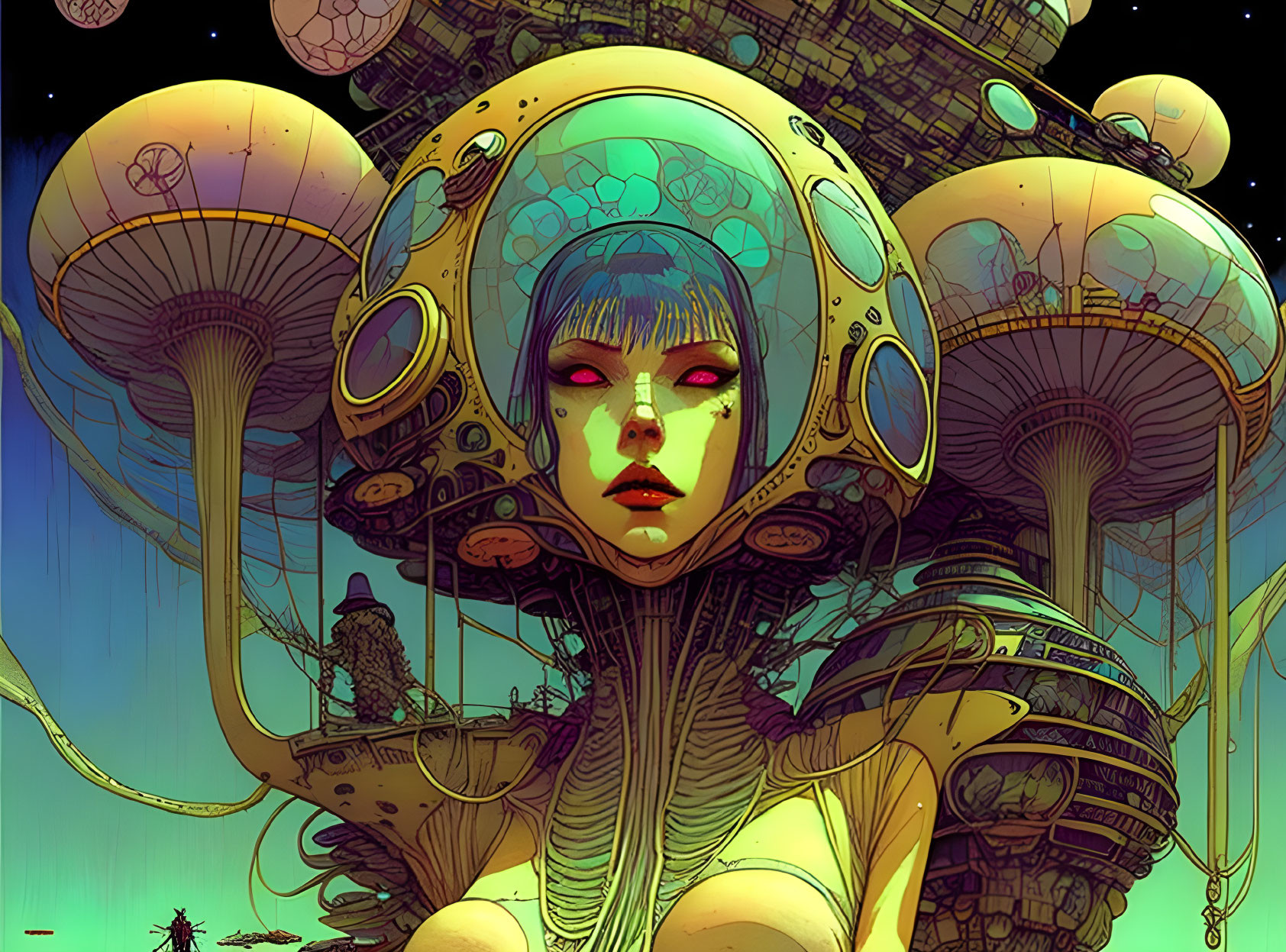 Futuristic female figure with headgear amid giant mushroom structures