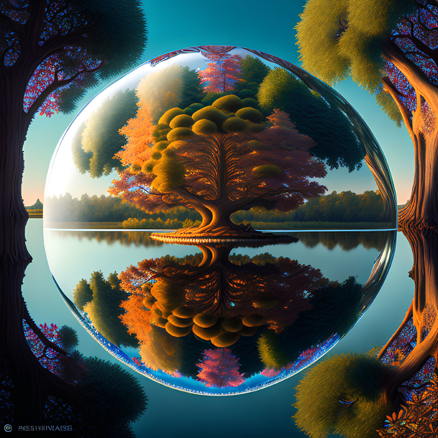 Autumnal landscape distorted in spherical panorama with symmetrical reflection.