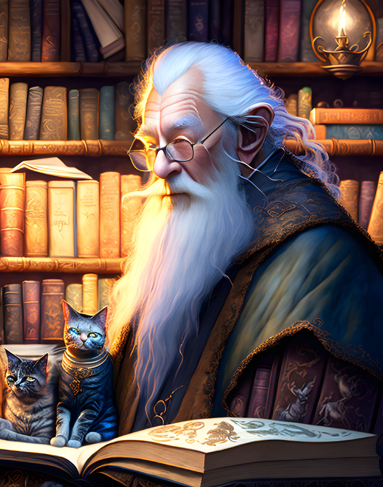 Elderly wizard reading book in library with two cats.