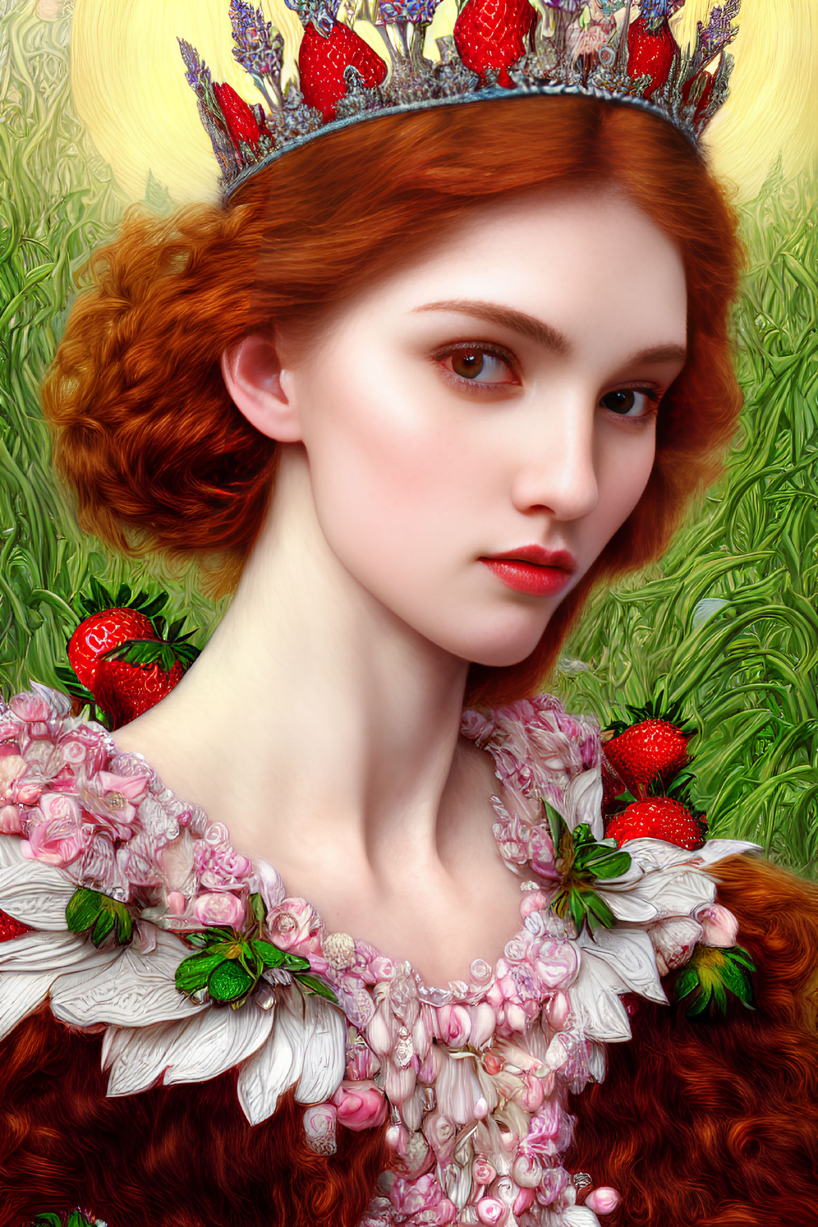 Portrait of Woman with Strawberry Crown and Red Hair on Leafy Background