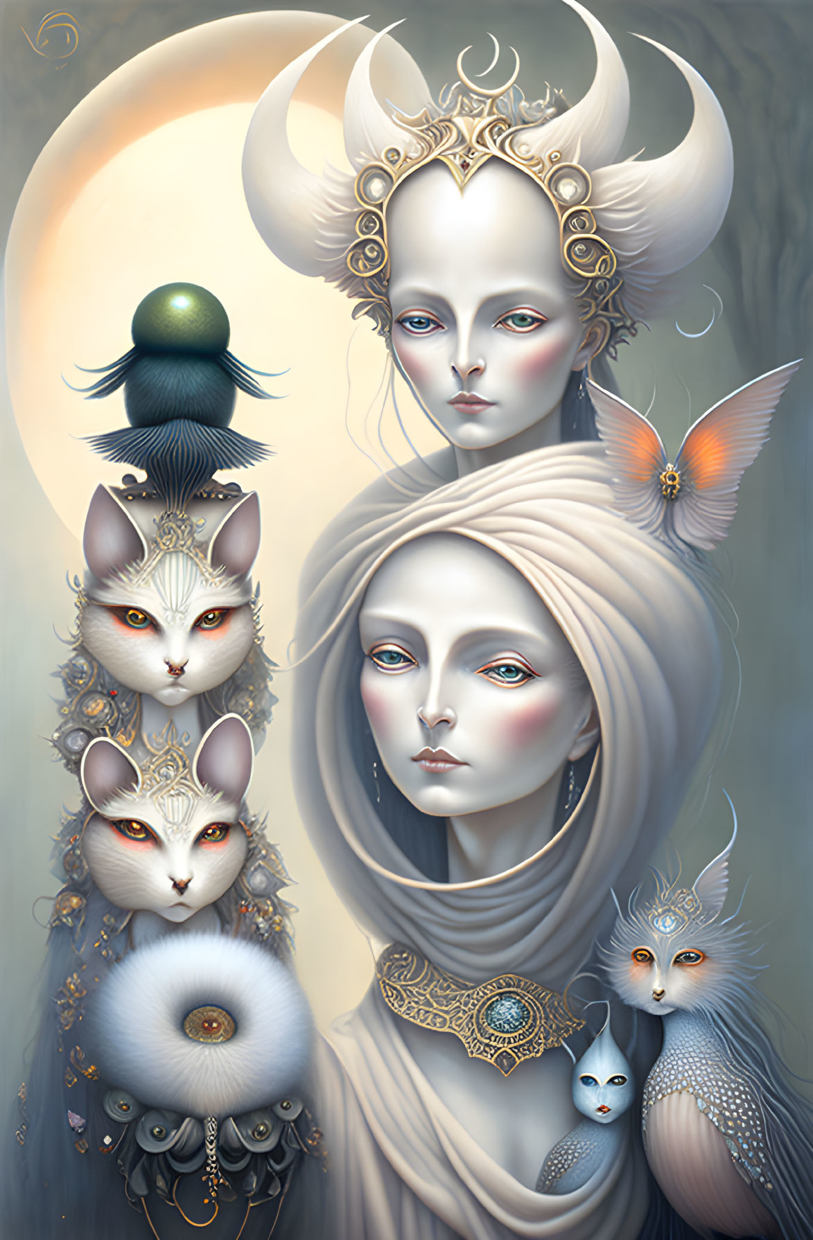 Ethereal beings with animal features and jewelry under crescent moon