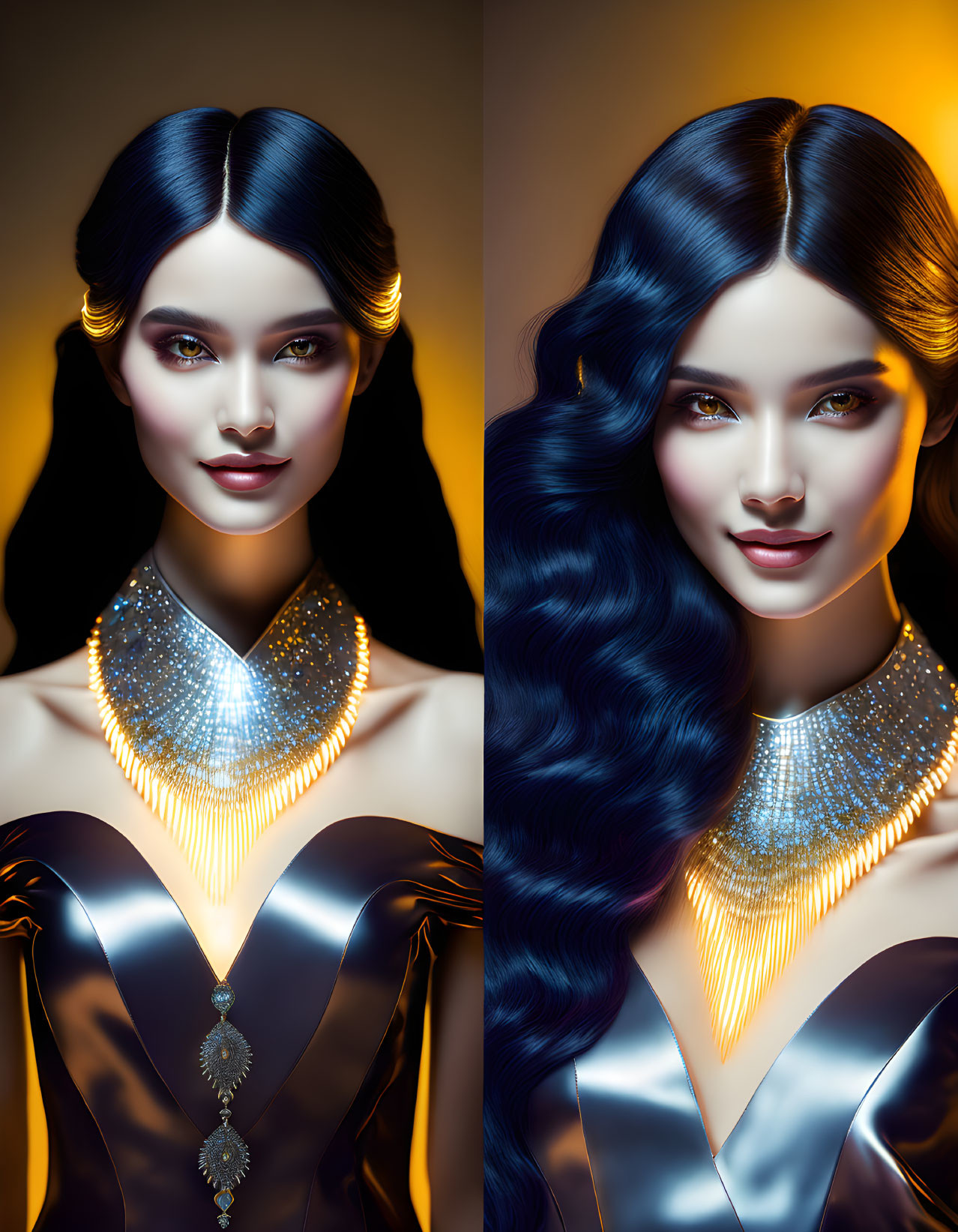 Stylized portraits of woman with dark hair, shimmering necklace, elegant dress, straight and w